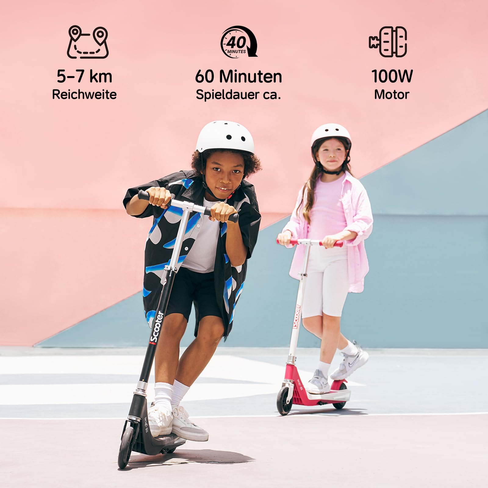 iScooter Monopattino elettrico per bambini dai 6 ai 10 anni, 2 modalità di velocità (10/15 km/h), monopattino per bambini con 3 luci regolabili alte e colorate di 7 colori, 40 minuti di guida fino a