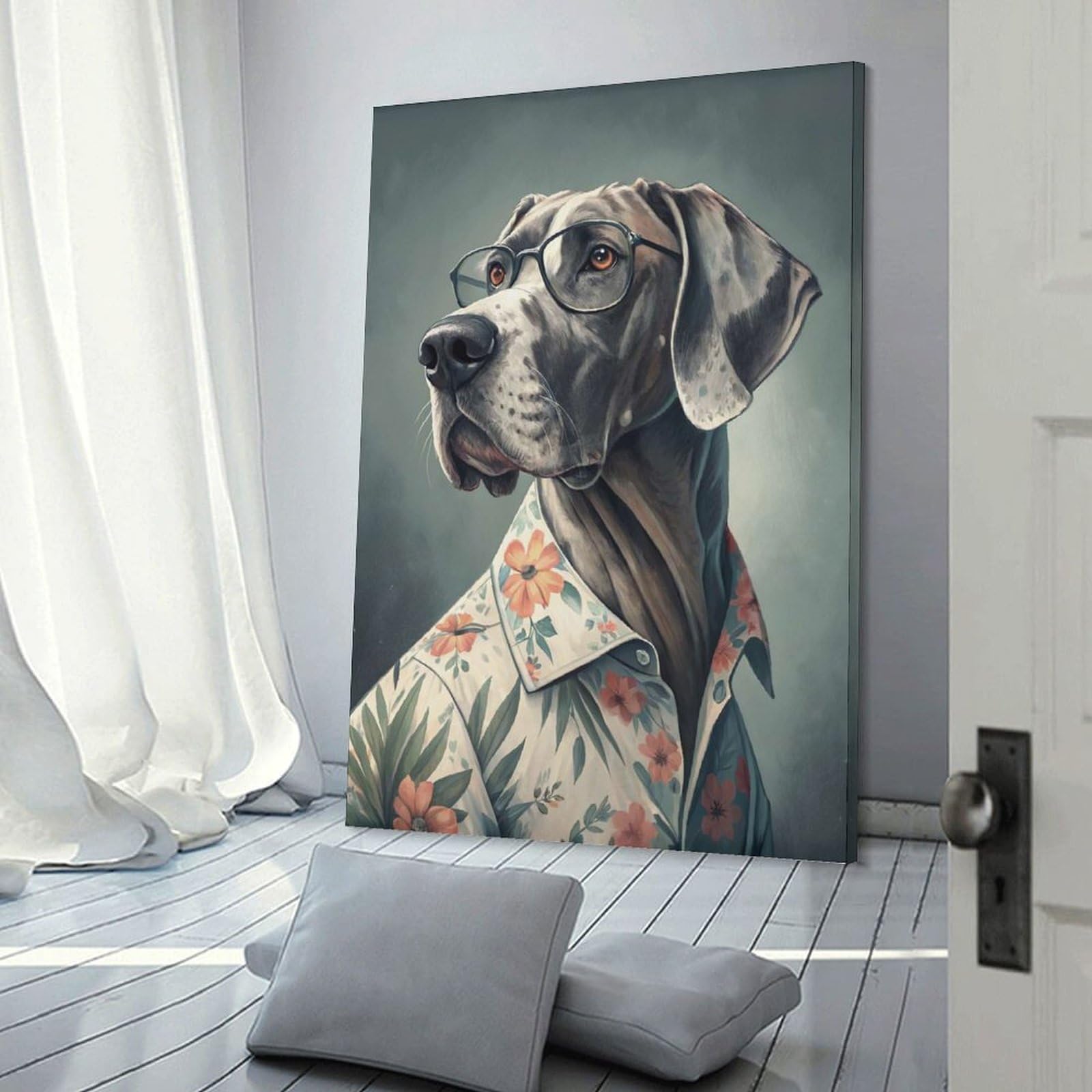 Junmoney Canvas Wall Decor Dog Portrait with Glasses And Shirt, 24x36inch(60x90cm), for Living Room, Bedroom, Office Or Hallway, Stylish Home Artwork for Focal Walls