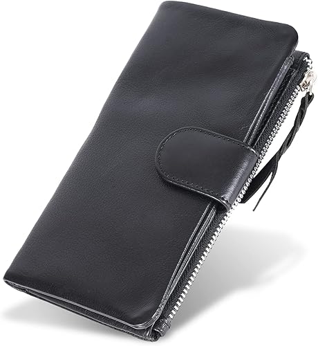 VALENCHI - Cartera de cuero genuino suave y flexible para mujer con cremallera de metal y cierre a presión, nappa suave de color negro, Cartera Rfid
