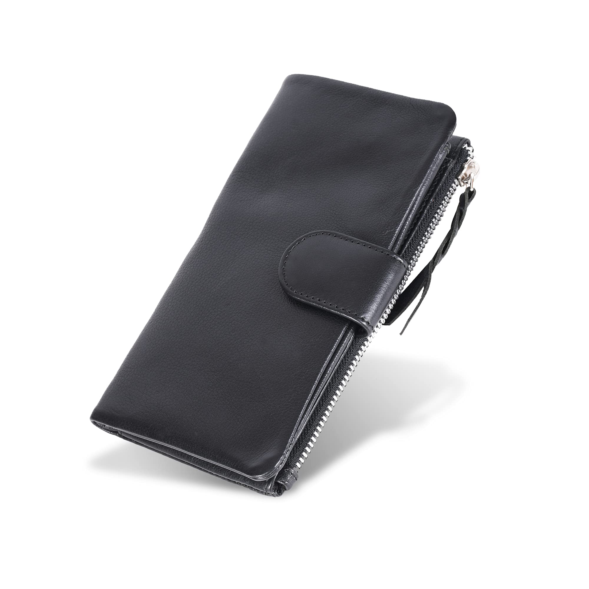 VALENCHI-Soft and Flexible Genuine Leather Ladies Wallet with Metal Zipper and Snap closer (Black Nappa Soft)