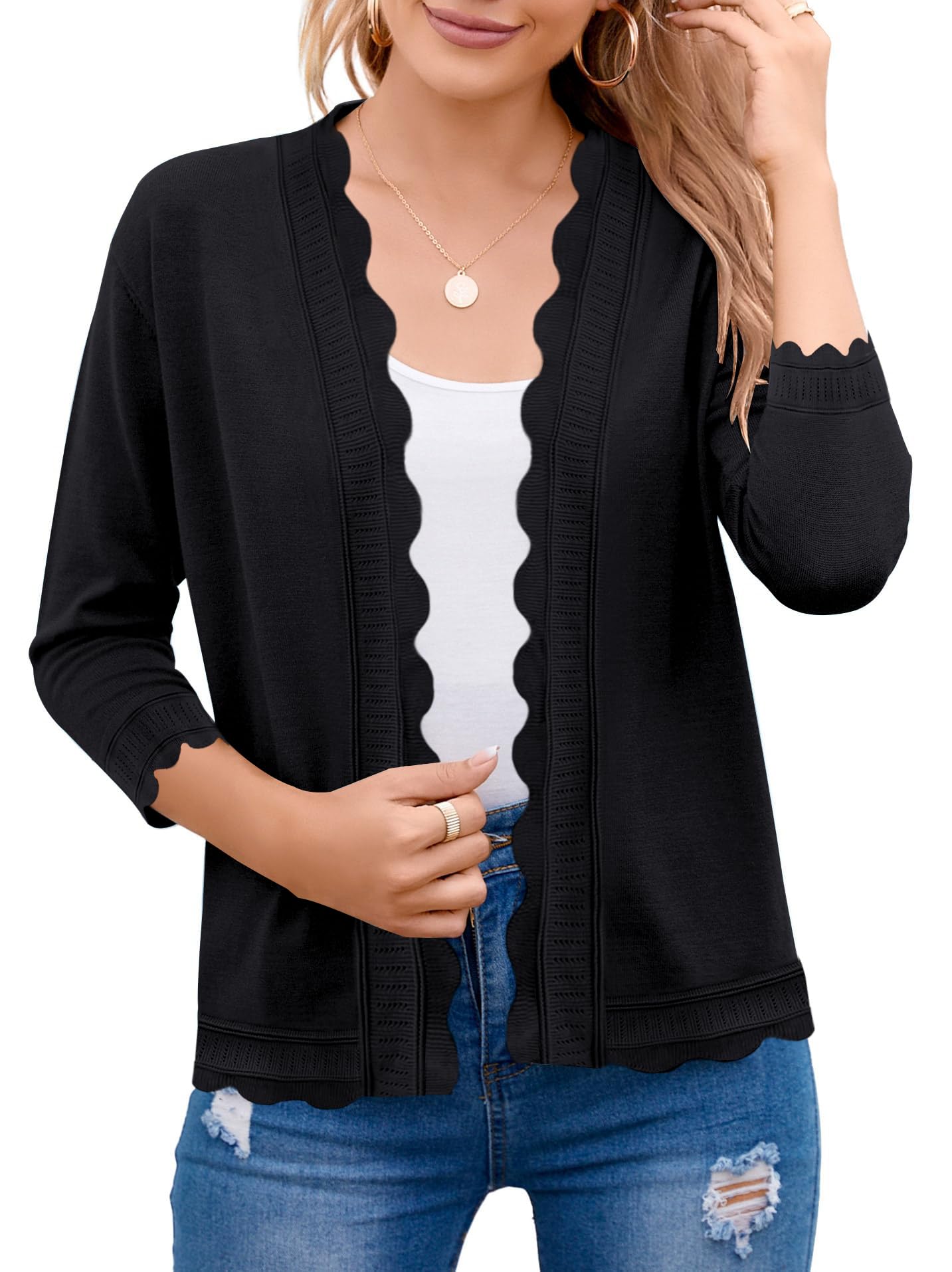 BeautyNee Women's 3/4 Sleeve Summer Cardigan Lightweight Open-Front Cropped Knit Shrug Sweater Casual Spring Shirts