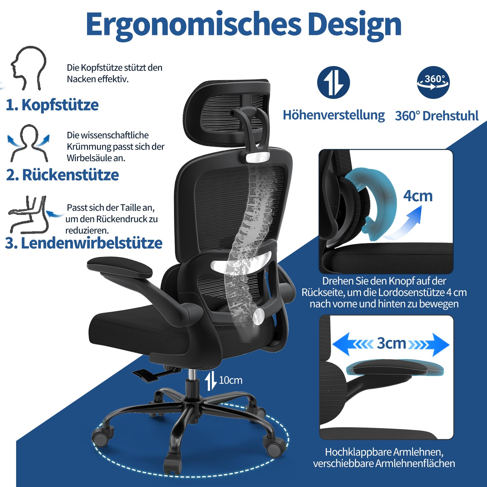 TRALT Sedia da ufficio ergonomica – Sedia da ufficio con supporto lombare regolabile, poggiatesta da gaming, sedia da ufficio, sedia da scrivania,casa,ufficio,ergonomica nero