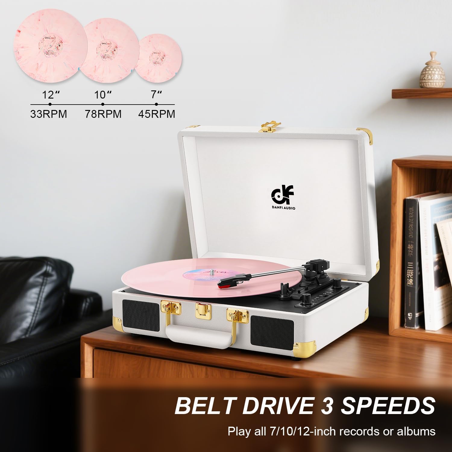 Three vinyl records of different sizes (7, 10, 12 inches) with their corresponding RPMs (45, 78, 33) displayed above the DANFI AUDIO DF TE-2021 record player.