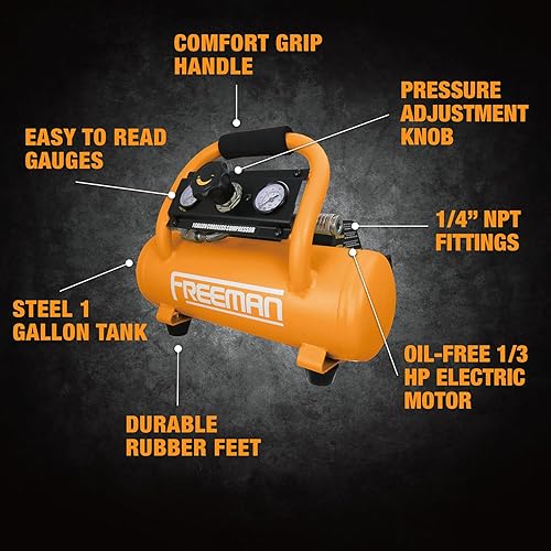 Miniatura 12 de Freeman Compresor de aire inalámbrico combinado de 1 galón y 20 voltios, con clavadora y grapadora de acabado neumático 3 en 1, batería de iones de