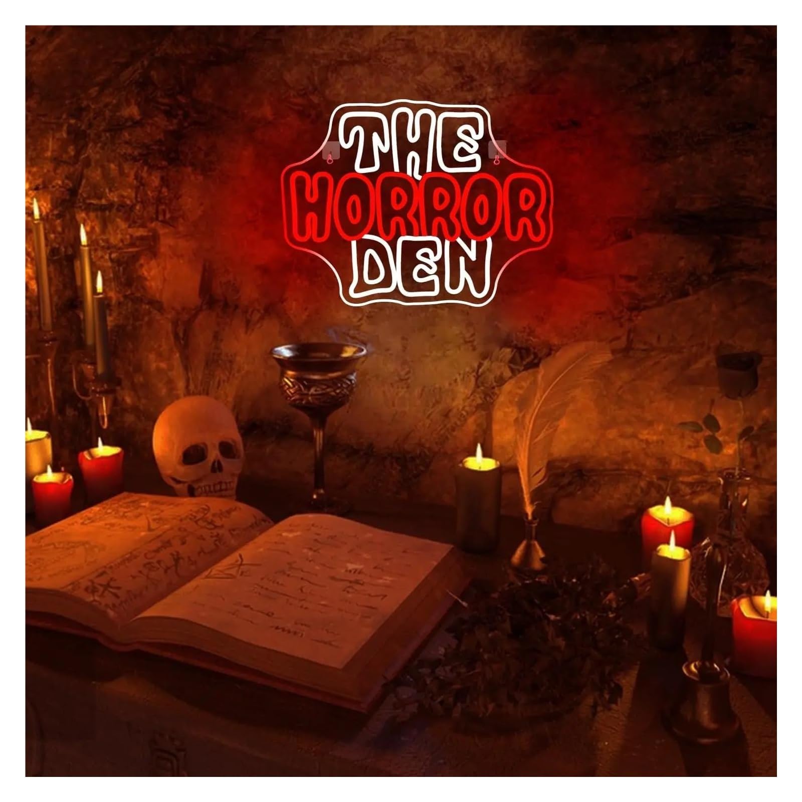 Insegna al Neon LED Insegna Al Neon The Horror Den Con Luce LED Dimmerabile Tramite USB Per Decorazioni Horror, Feste, Club, Sala Giochi, 38cmx29cm