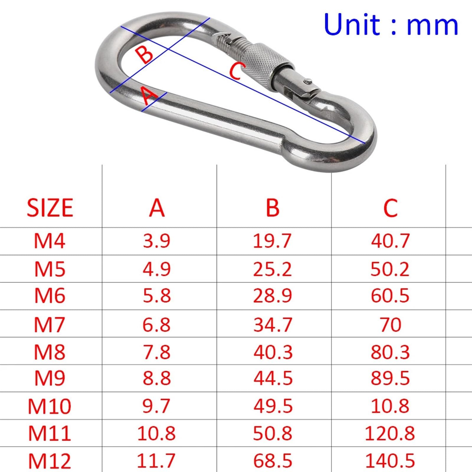 Clip a Scatto Moschettoni a Molla in Acciaio Inossidabile 304 Argento con Anello di bloccaggio, moschettone Sicurezza, a, Collegamento rapido, Attrezzatura for Esterni(M10)