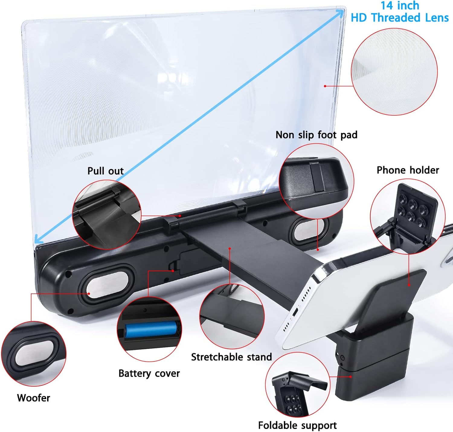 14 inch Phone Screen Magnifier with Bluetooth Speaker,Mobile Phone Screen Amplifier with 2-in-1 Foldable Stretch Stand Holder Portable 3D Screen Magnifying Glass for All Smartphones(Black)