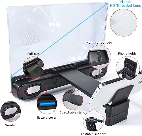 Miniatura 5 de Lupa de pantalla de teléfono de 14 pulgadas con altavoz Bluetooth, amplificador de pantalla de teléfono móvil con soporte elástico plegable 2 en 1,