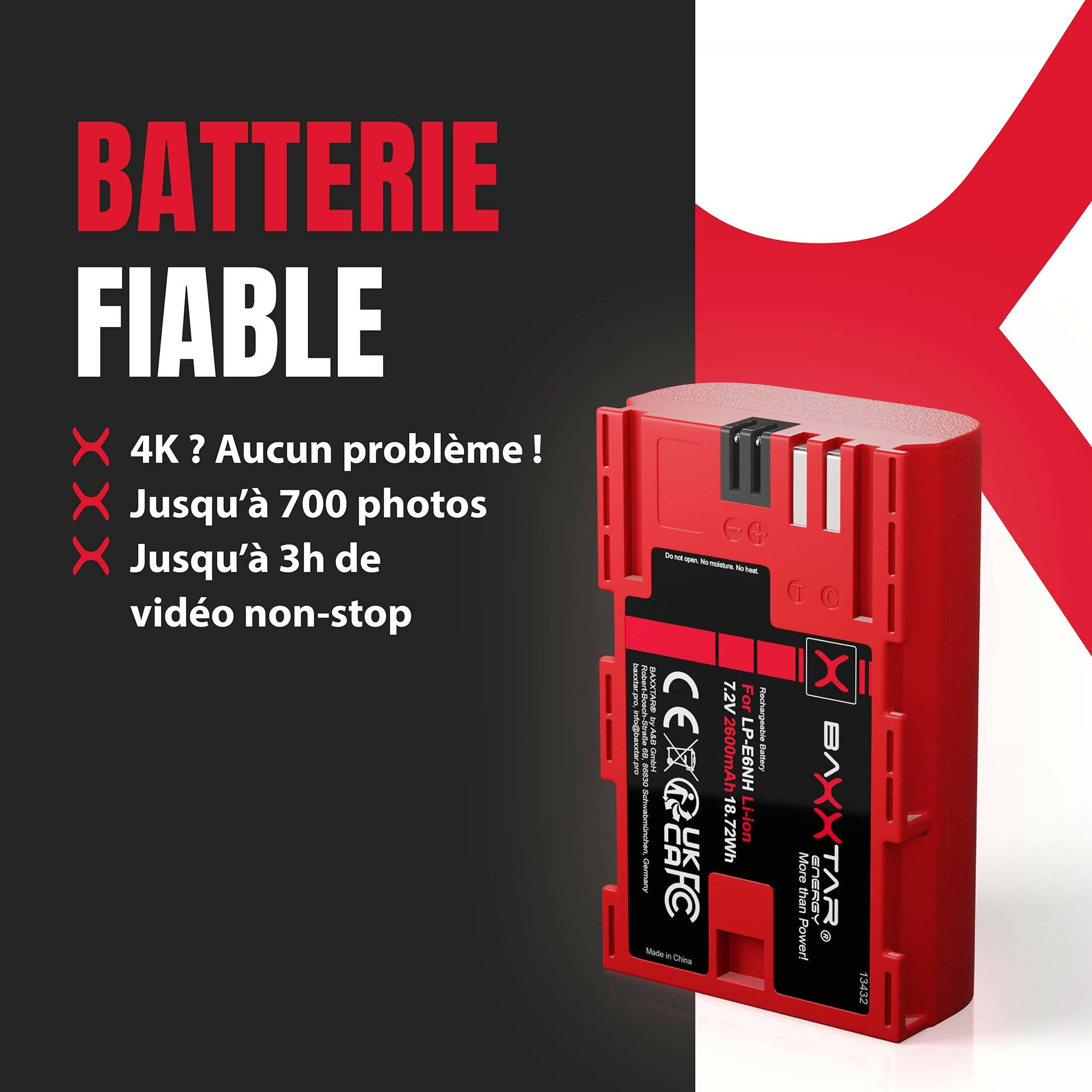 Baxxtar Pro 2X Batterie LP-E6NH 2600mAh – Remplacement pour Canon LP-E6 LP-E6N LP-E6NH – Compatible avec EOS R5 R6 R6II R7 5D III/IV 6D 7D 90D – cellules certifiées UL