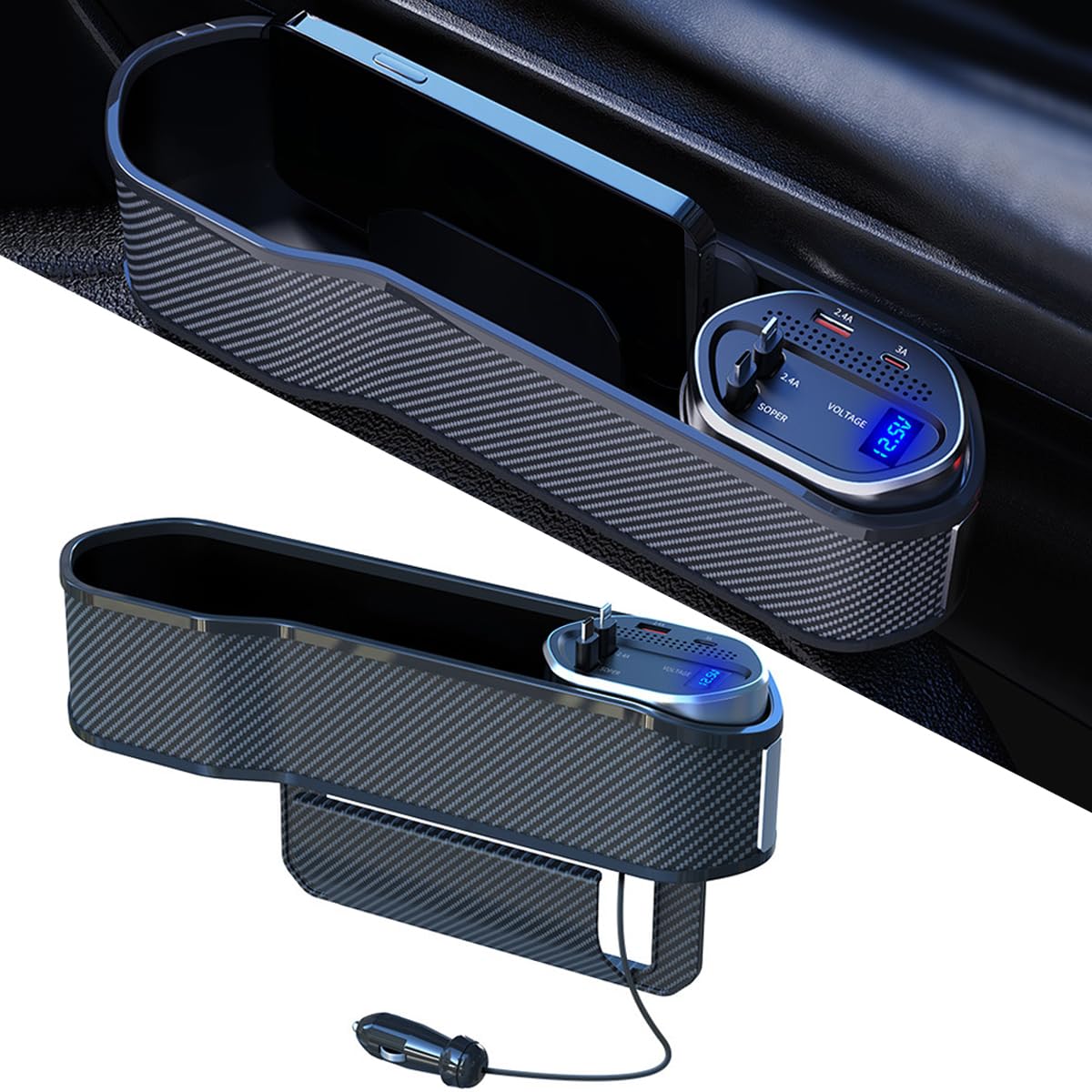 COOLBABY Car Seat Gap Filler Console Side Organizer with Cup Holder, Front Seat Driver Side Pocket with 2 USB Plug Charge Cable Universal Car Side Storage Box Organizer for Phone Cup Coin