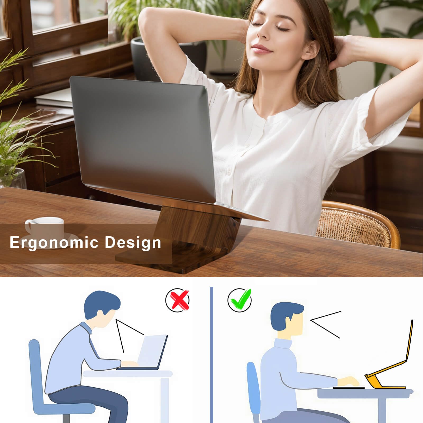 NAMAII Wooden Laptop Stand, Ergonomic Computer Stand for Desk, Portable Laptop Riser, Notebook Stand Holder Compatible with MacBook Pro/Air, Dell, HP, Lenovo and All Laptops (10-17 inch), Walnut