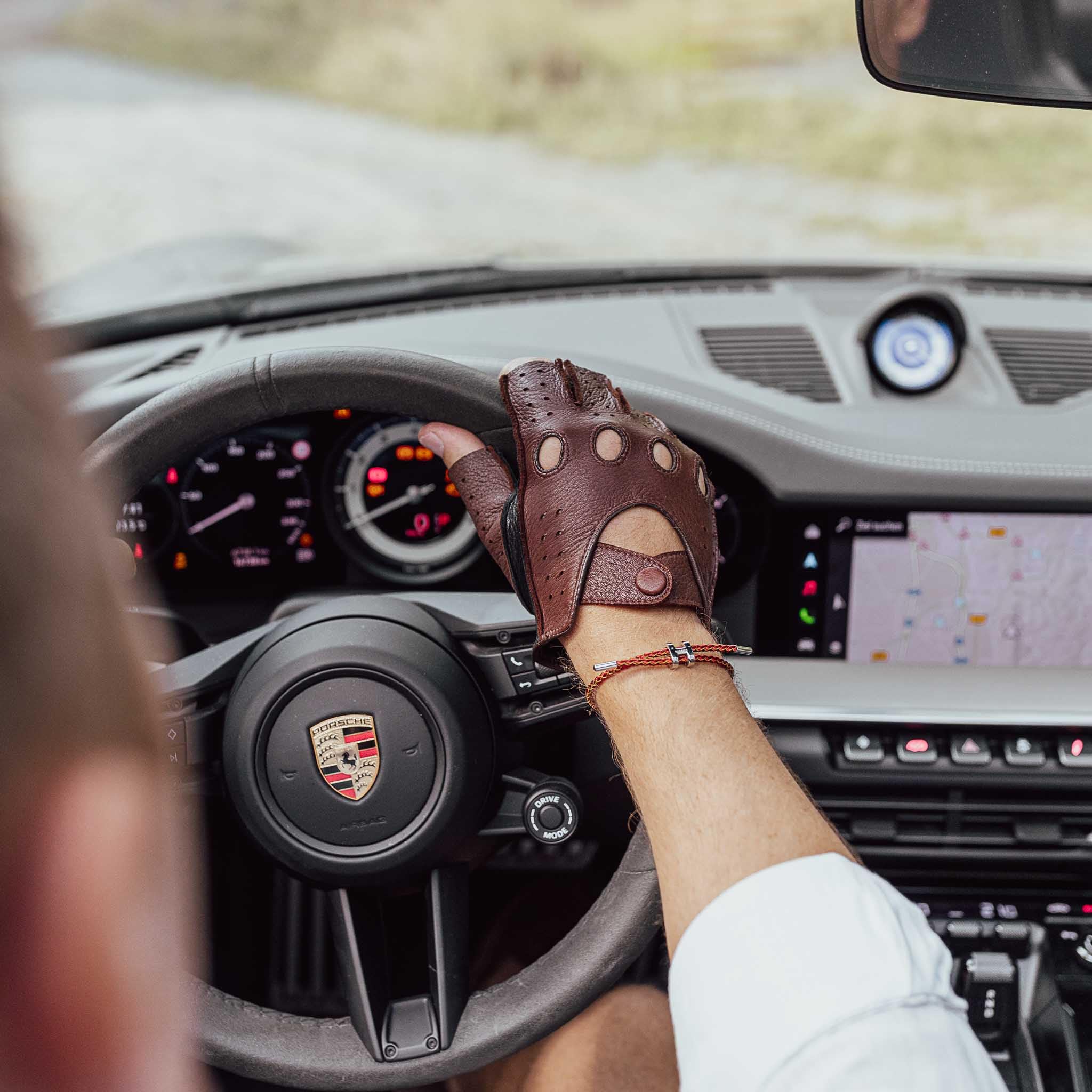 Hirschleder Herren Auto-Handschuhe, handgenäht, fingerlose Autofahrerhandschuhe, ungefüttert, zweifarbig, halbfinger, Lederhandschuhe, Motorrad