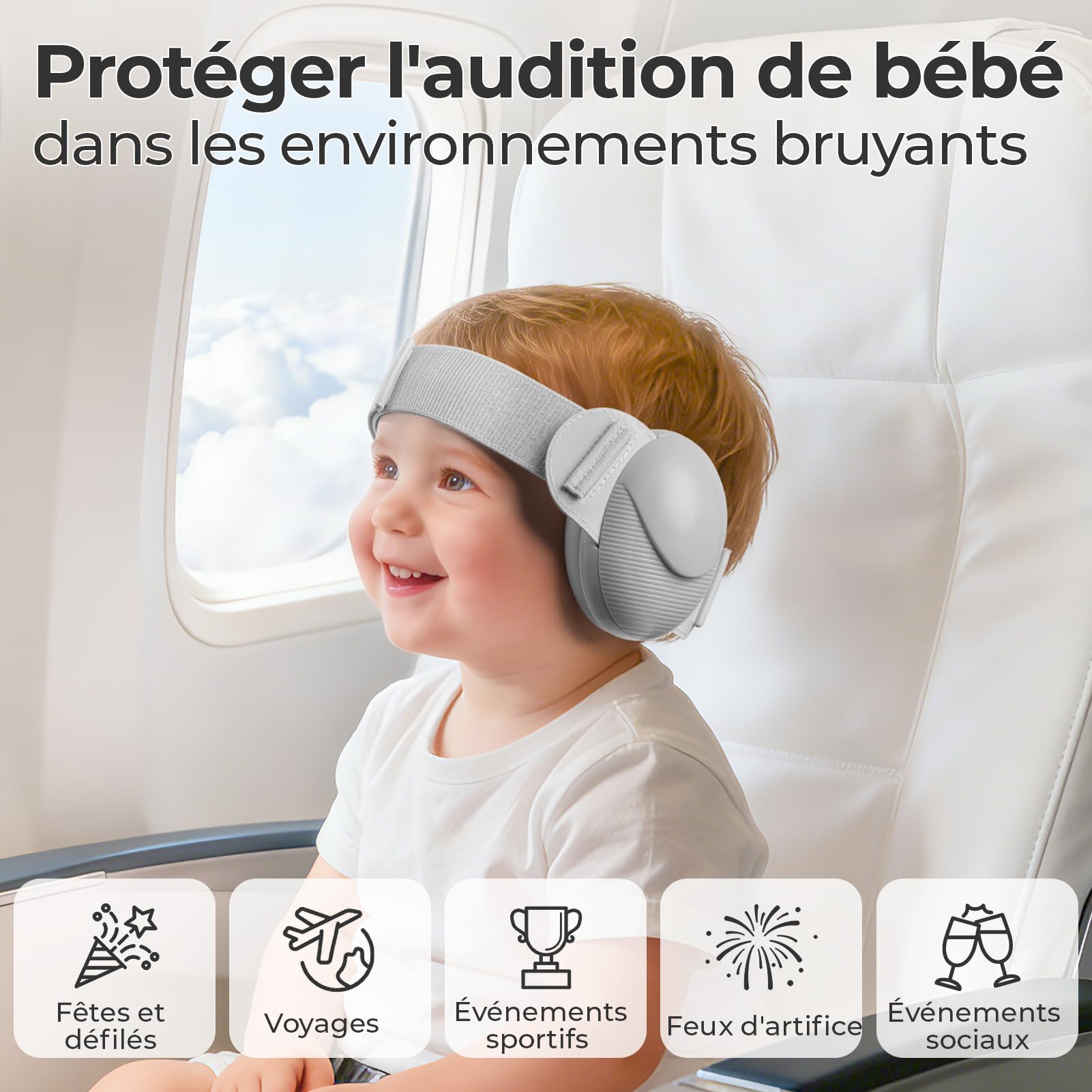 Casque Anti Bruit pour Bébés, Protection Auditive pour Enfants de 0 à 48 Mois, Homologués CE & ANSI, 25dB Casques Réduction Bruit Bebe pour le Sommeil et les Voyages en Avion - Gris