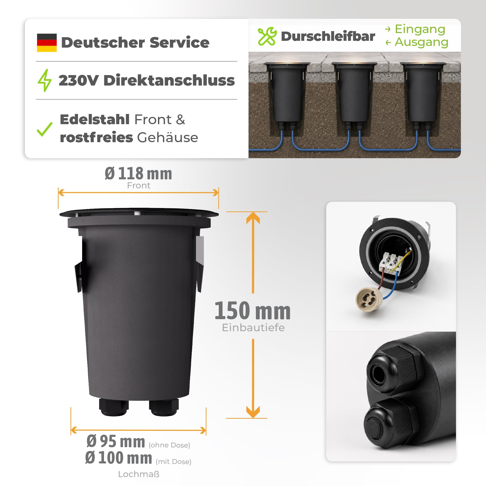 SSC-LUXon JUAVI Bodeneinbauleuchte 3er Set rund IP67 GU10 7W neutralweiß | Drei befahrbare Bodenstrahler bis 2000kg - schwenkbar & dimmbar, neutralweiß, für Garten & Wege, IP67, inkl. GU10 LED