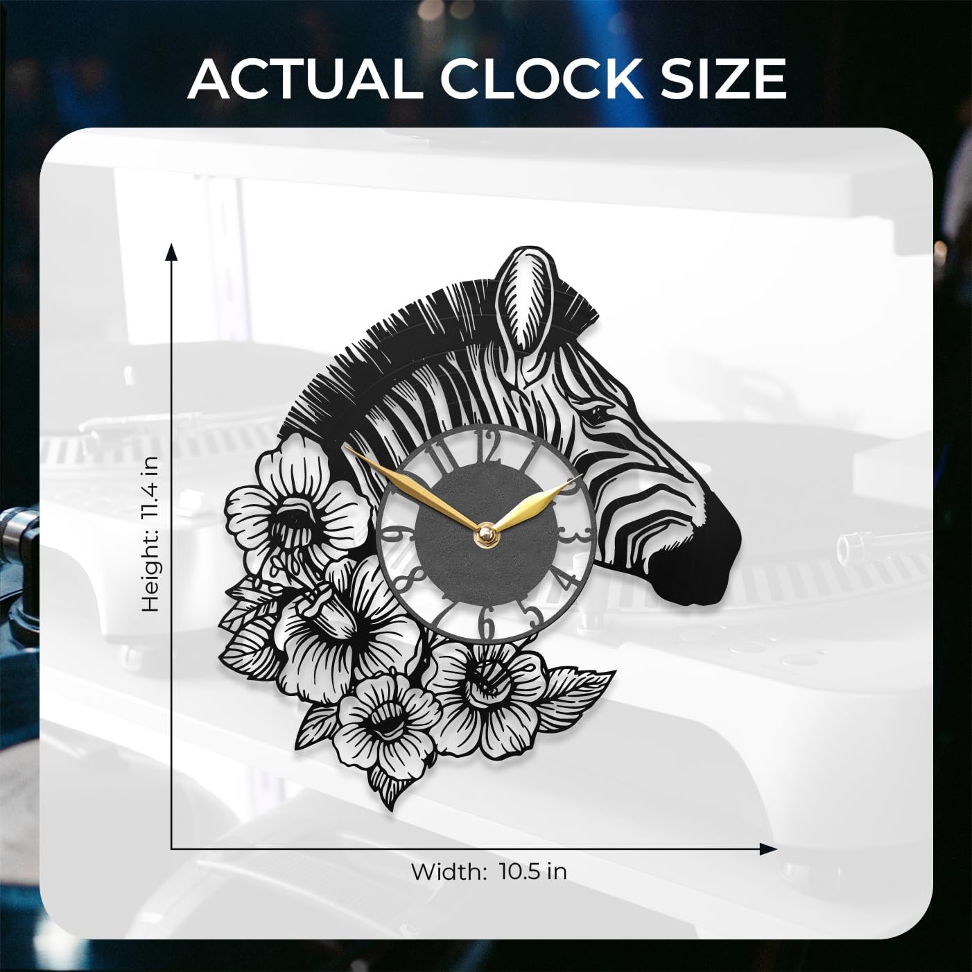 Zebra Wall Clock – Unique Animal Decor for Home, Zebra and Floral Design for Living Room & Office, Nature-Inspired Gift, Black