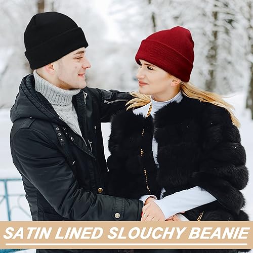 Miniatura 7 de Eurzom Gorro de invierno con forro de satén para invierno 3 unidades con puños cálidos lisos de satén para invierno con forro para hombres mujeres