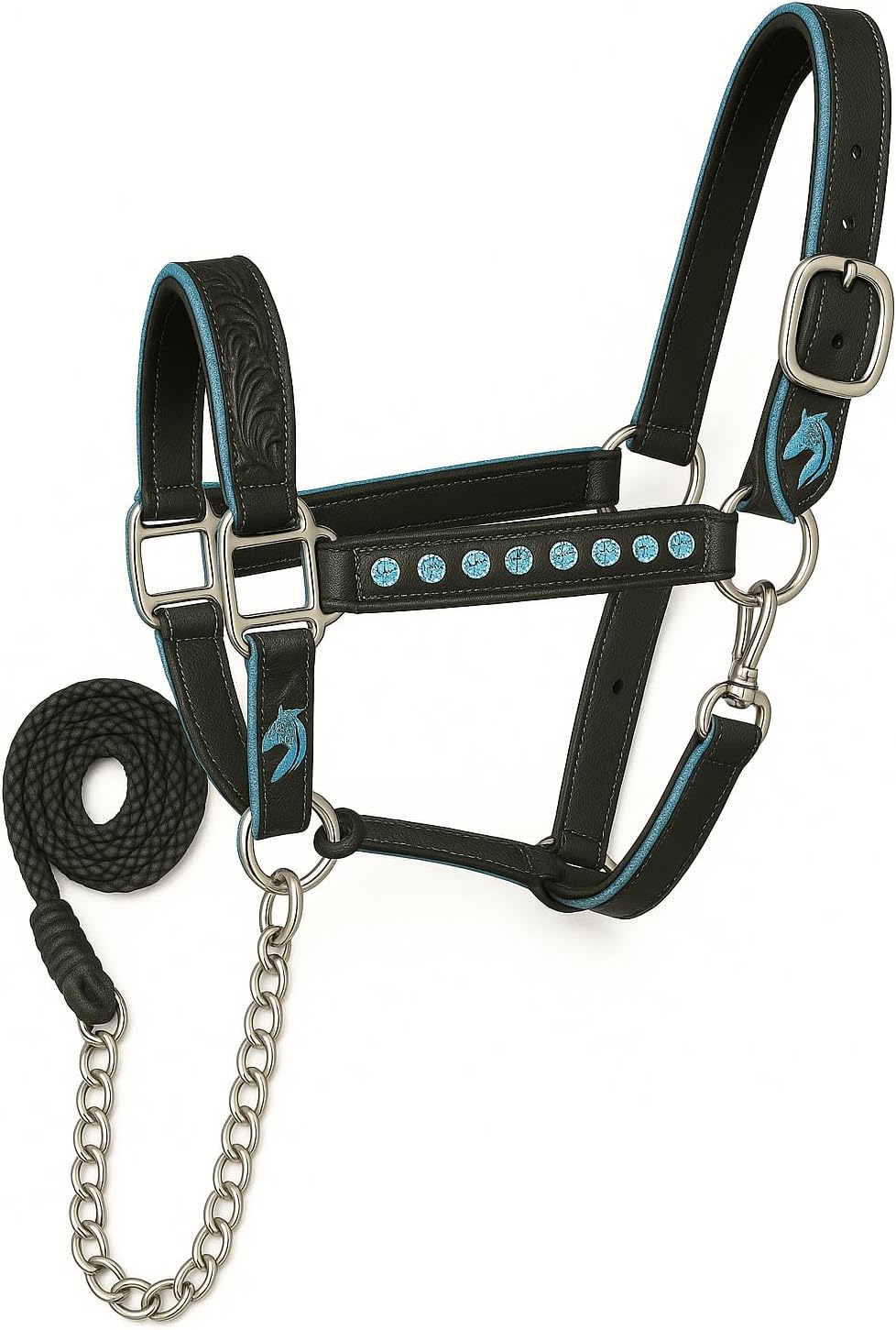 Handcrafted Leather Horse Halter – Tooled Design with Crystals, Cushioned Padding, Adjustable Fit, Chain Lead Pony M117