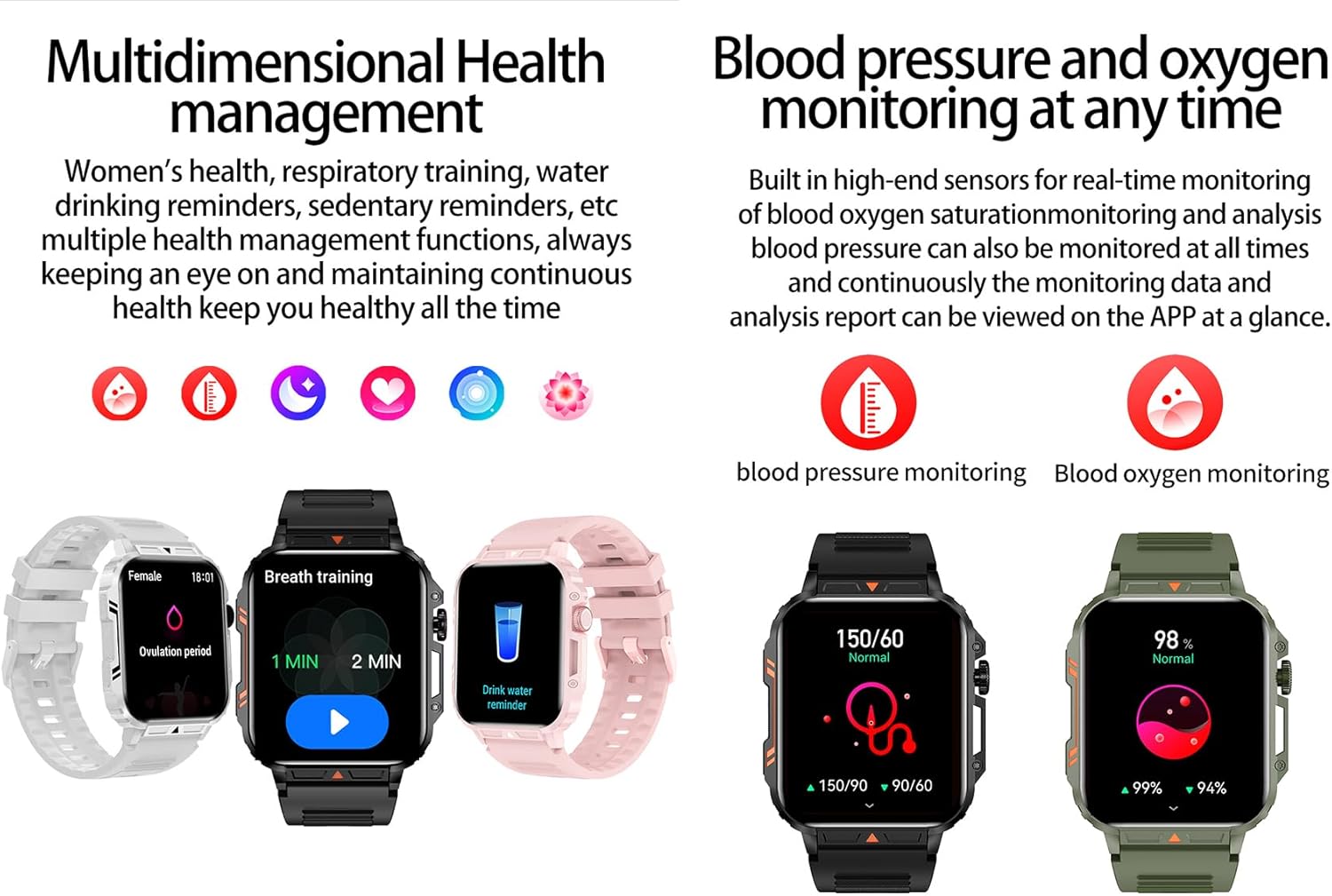 Jooeniok L81 Smart Watch displaying blood pressure and blood oxygen levels