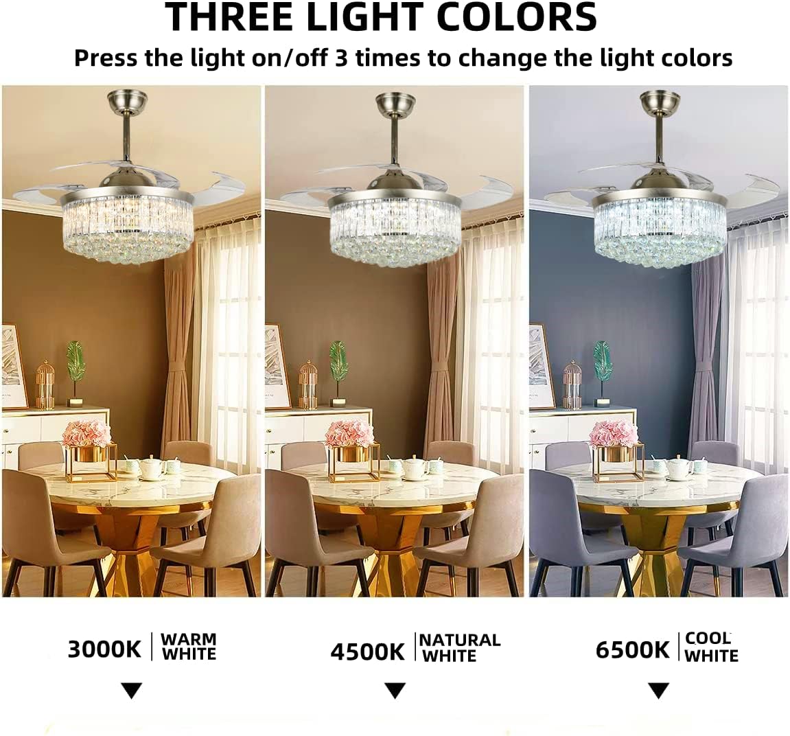 Luxury Ceiling Fan 42 Inch Contemporary Chic Crystal Fandelier Ceiling Fan Polished Gold Retractable Ceiling Fans Light Reversible LED 3 Color Setting (C Sand Nickel)
