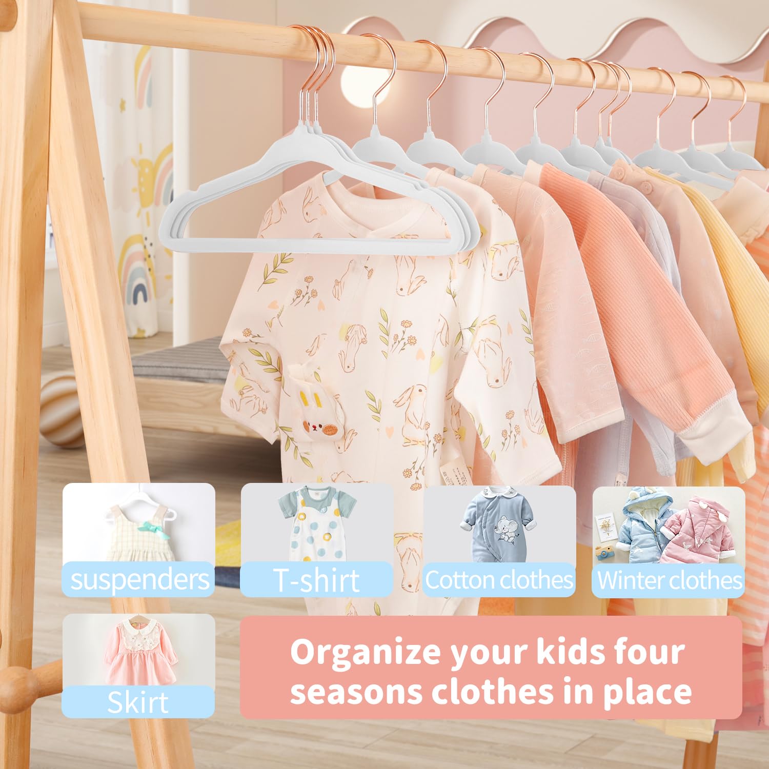 LEMEGA Perchas de Terciopelo para Bebés,Perchas para Ropa de Niños con Ganchos de Oro Rosa,Juego de 15, 28CM,Ahorro de Espacio,Antideslizante, 360 Grados Ganchos Giratorios-Blanco
