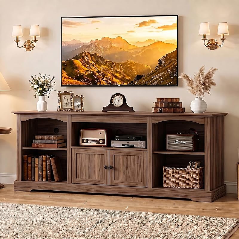 LUCKLIFE 71" TV Stand for TVs up to 80 Inch,Modern Farmhouse Entertainment Center with Arched Cabinet Doors & Open Adjustable Storage Shelves,Media Console Table for Living Room,Walnut