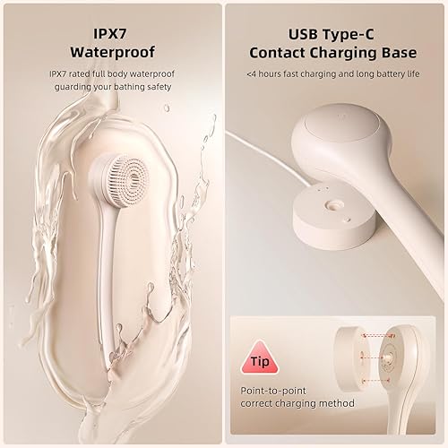 Miniatura 4 de Cepillo corporal eléctrico para ducha, limpiador de cuerpo largo impermeable de doble mango con 3 cabezales, cepillo de baño recargable y 2