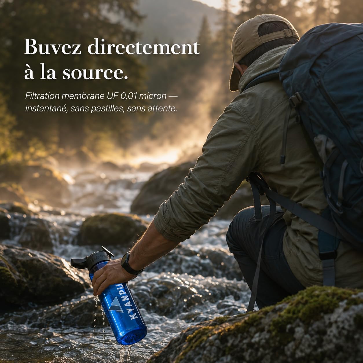 Gourde Filtrante 650ml MEMBRANE 0,01 MICRON - Filtre Charbon Actif - Boussole Intégrée Bouchon 360° Anti-Fuite Randonnée Camping Survie