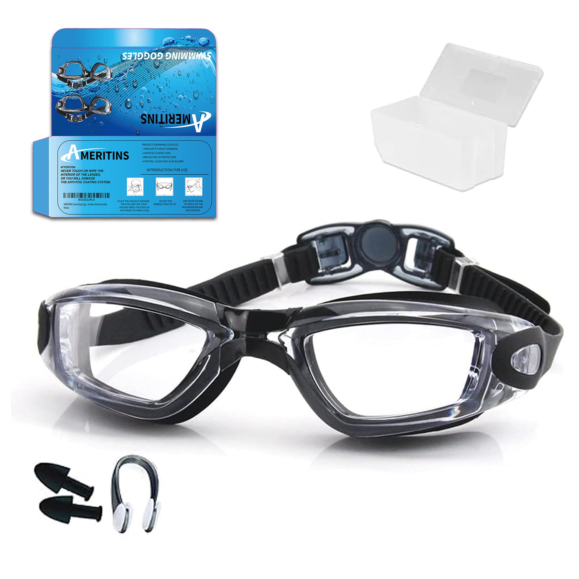 AMERITINS Swimming Goggles Pack of 1, Anti-Fog Googles Swimming Adults, Anti-Leak UV Protection Crystal Clear Vision with Free Protection Case, Nose Clips & Earplus Suitable for Adults & Kids
