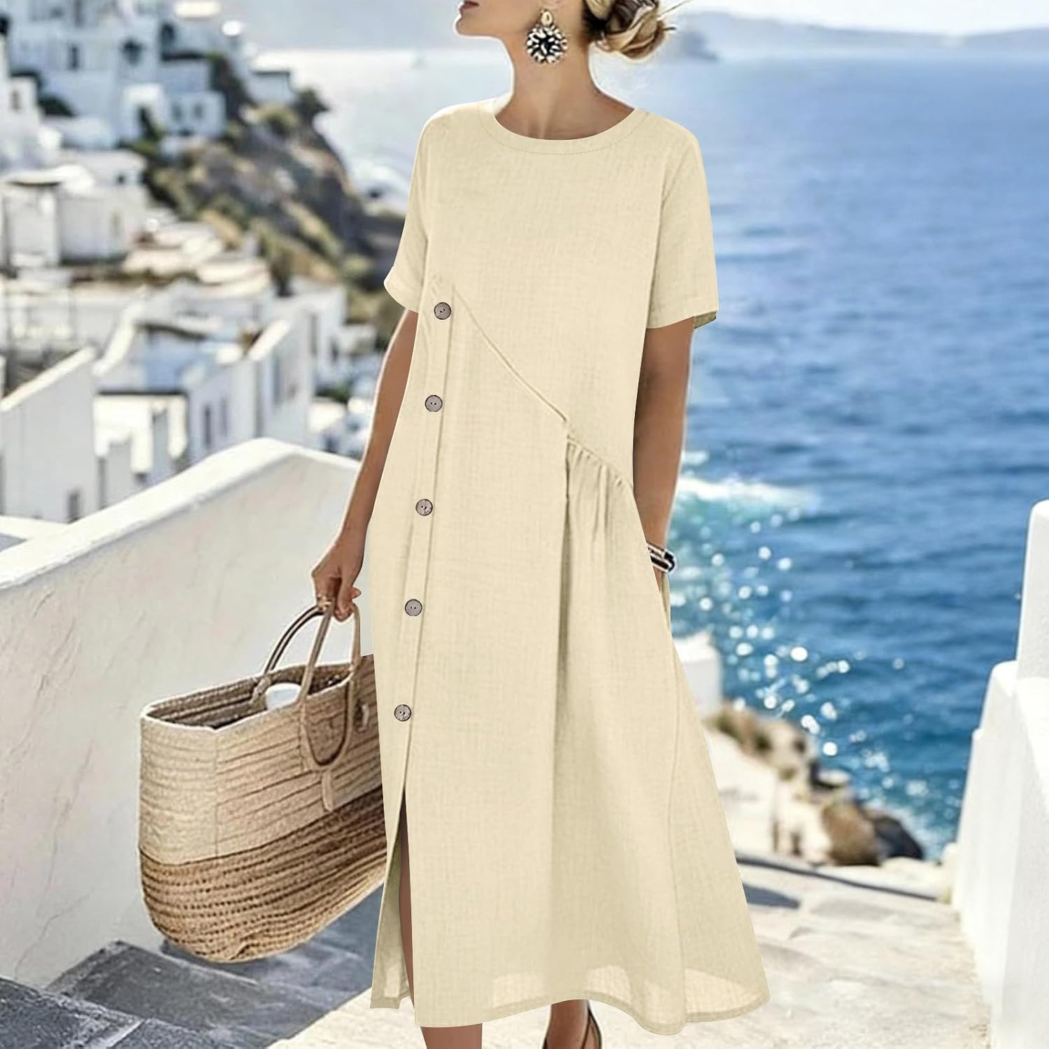 Button Down Dress for Women:Fashion Crew Neck Cotton Linen Dresses Short Sleeve Boho Beach Outfits 2026 Summer