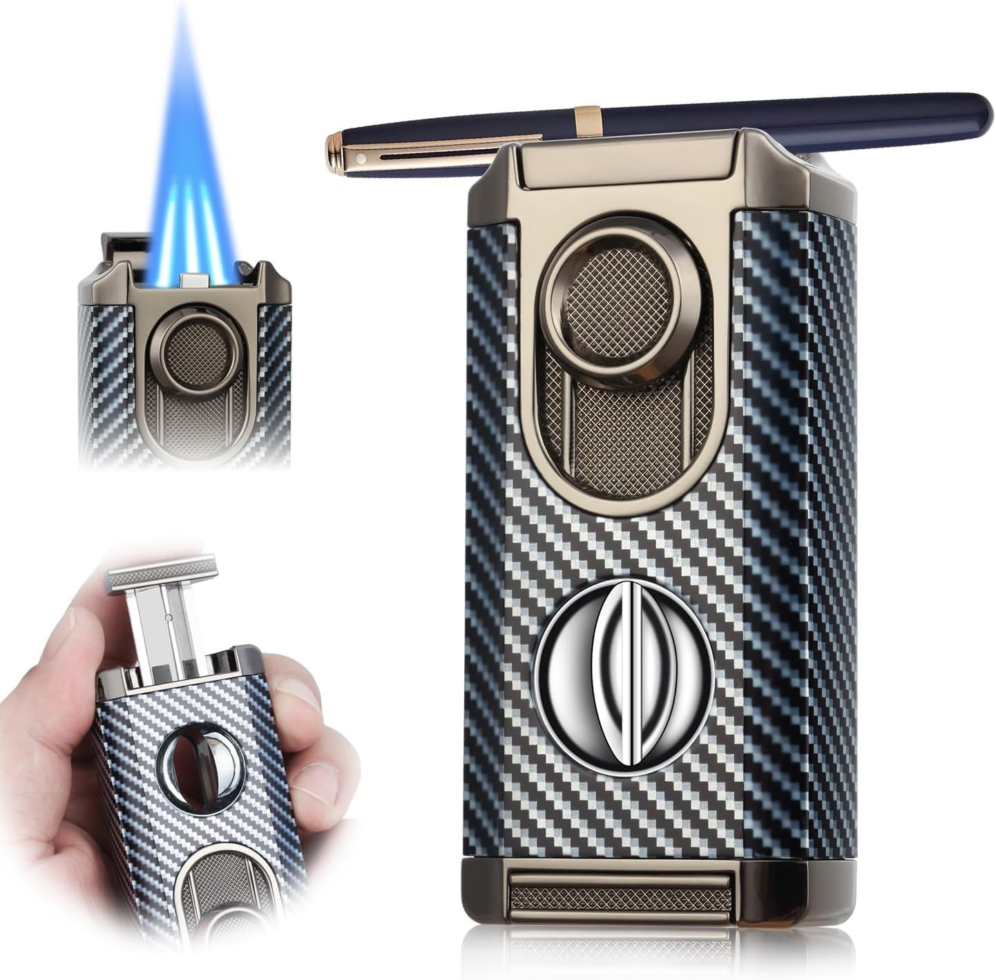 All-in-One Triple Torch Lighter, Built-in V Cutter, Holder, Adjustable Windproof Jet Flames Lighter, Refillable Butane Design, Ideal Gift for Men with