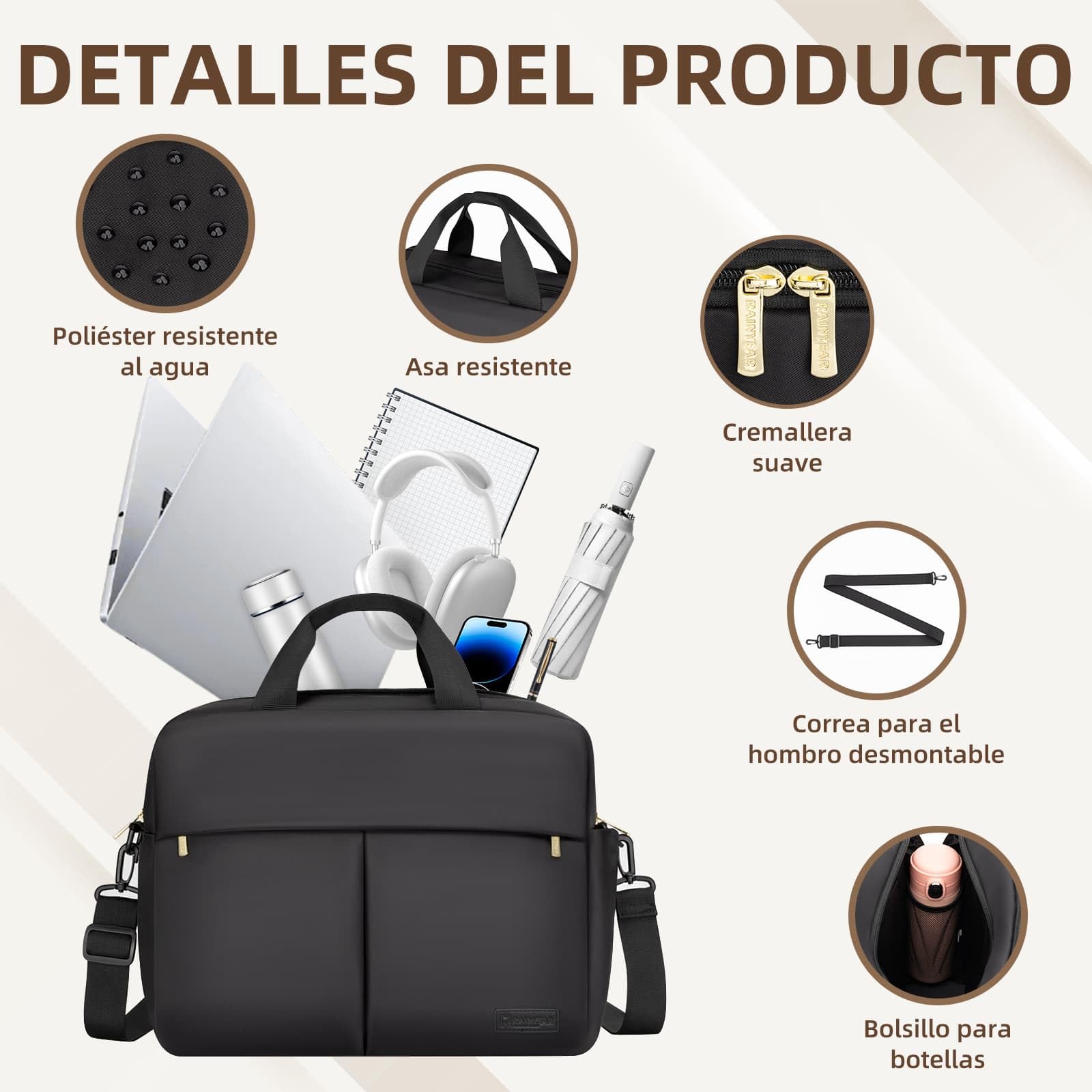 RAINYEAR Bolso para portátil de 15,6 pulgadas Bolso mensajero para portátil Bolso para mujer Maletín para negocios Oficina Viajes Bolso pequeño para ordenador