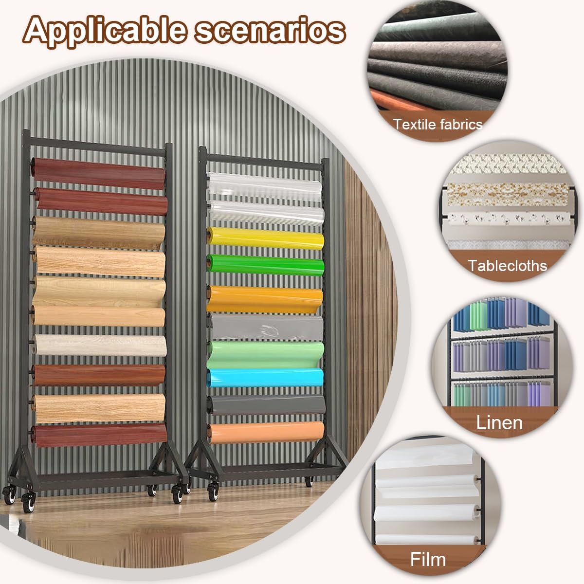 Supporto per rotoli di tessuto commerciale, supporto organizer in acciaio resistente con rulli a 360° e asta di sospensione regolabile, espositore per rotoli di vinile, tovaglie(6T,186cm)
