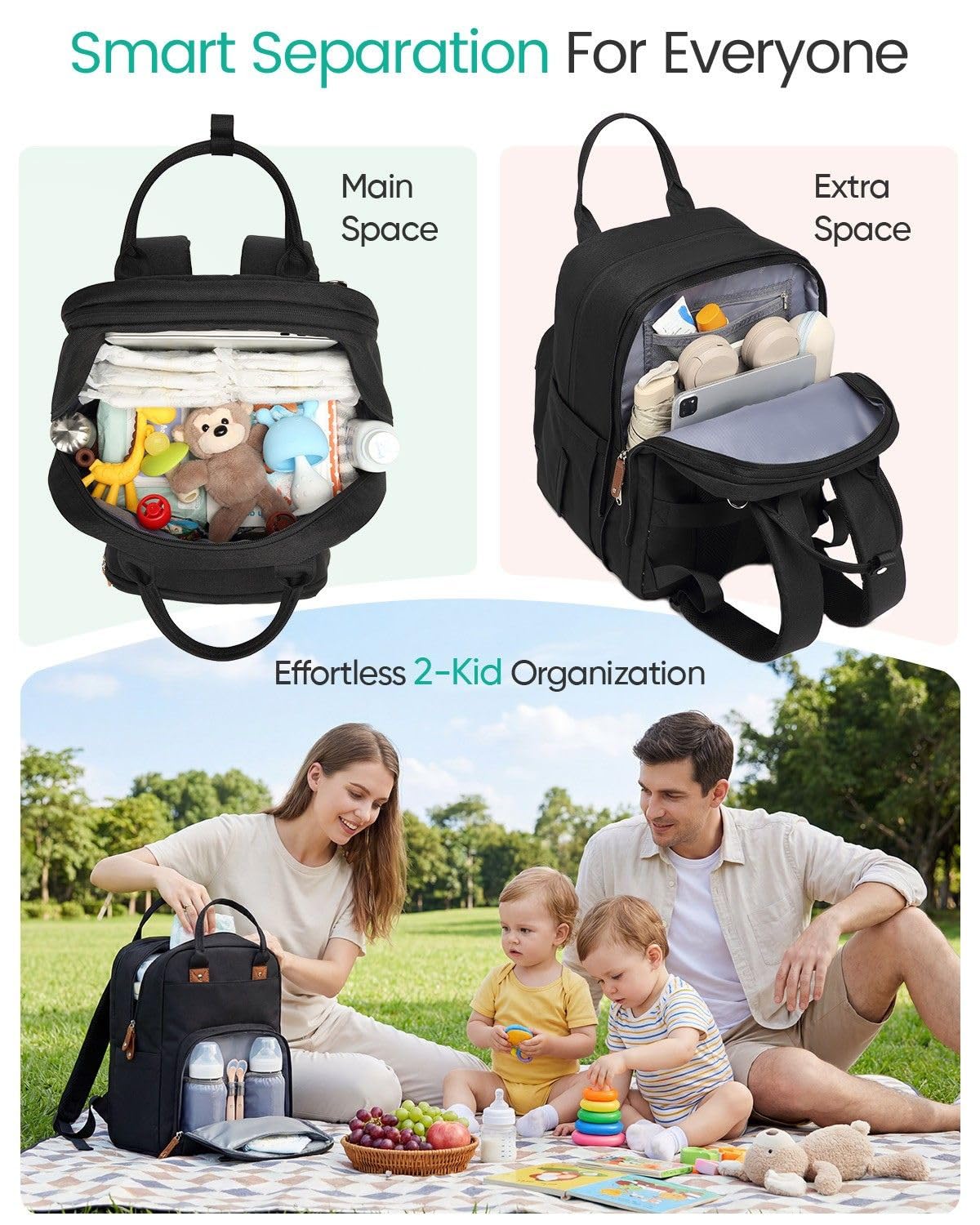 Qualyphant Extra Large Diaper Bag Backpack for 2 Kids Expandable 26-36L