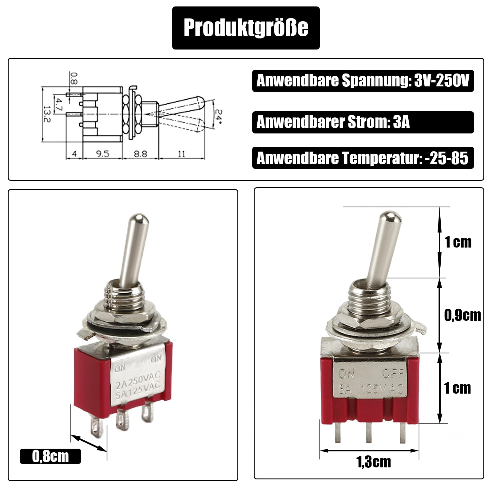 Powice 6 przełączników dźwigienkowych 12 V/3 A, mini łódka, 3 piny, 3 przełączniki, 12 V, 230 V, odpowiedni do montażu w domach, samochodach i urządzeniach elektrycznych, kolor czerwony