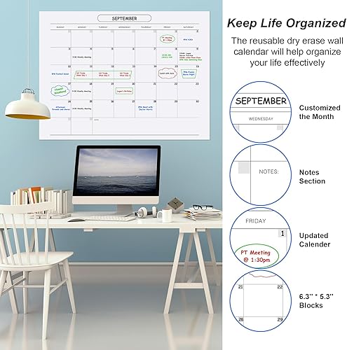 Miniatura 6 de Calendario mensual de pared, calendario grande de borrado en seco y húmedo de 48 x 36 pulgadas para pared, calendario de pared sin fecha, calendario