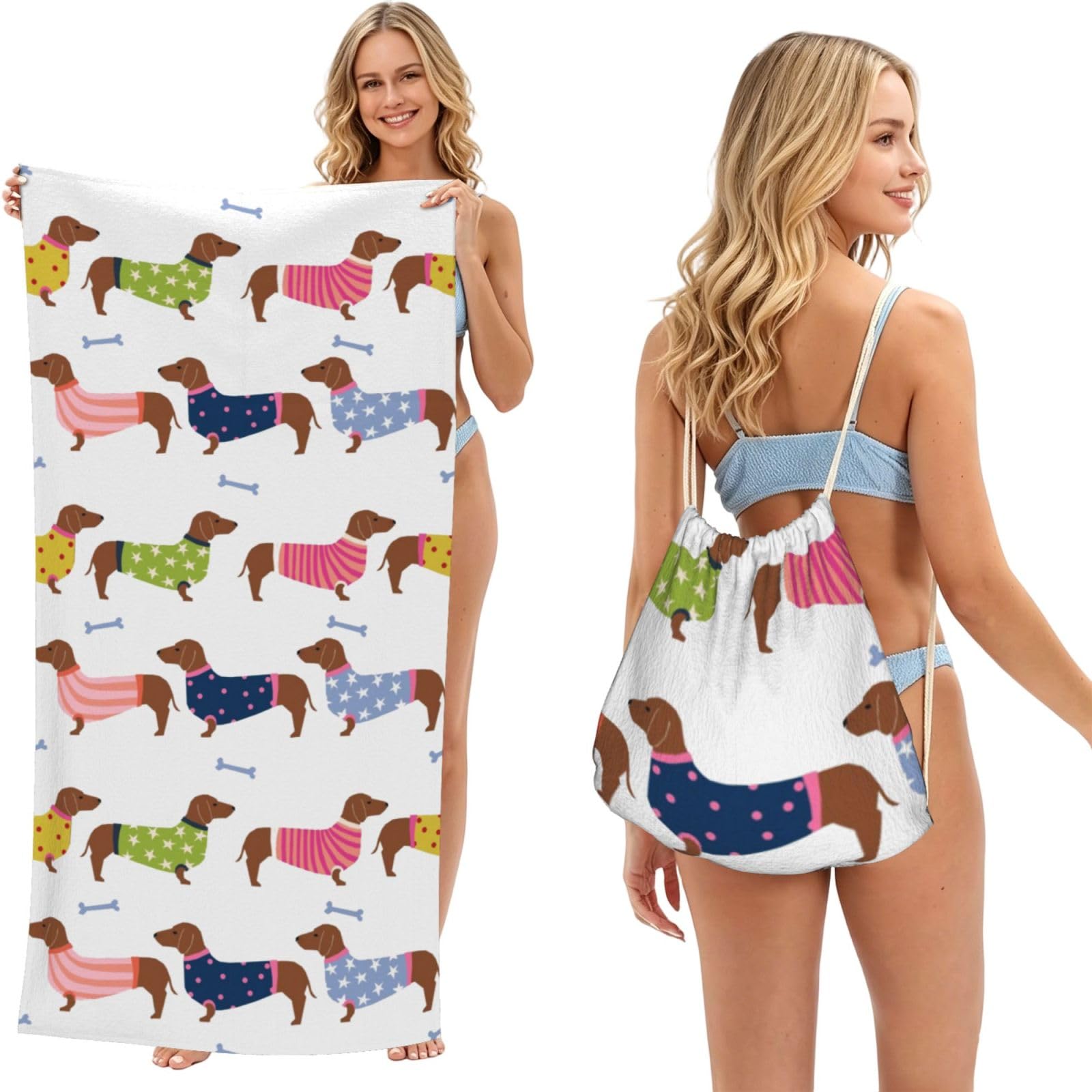 Poadnly As Picture Dachshund Red Coat Dog Breed Pet Pattern Sweater, 2 In 1 Packable Towel Bag, Beach Towels With Drawstring Backpack For Travel Holiday Camping