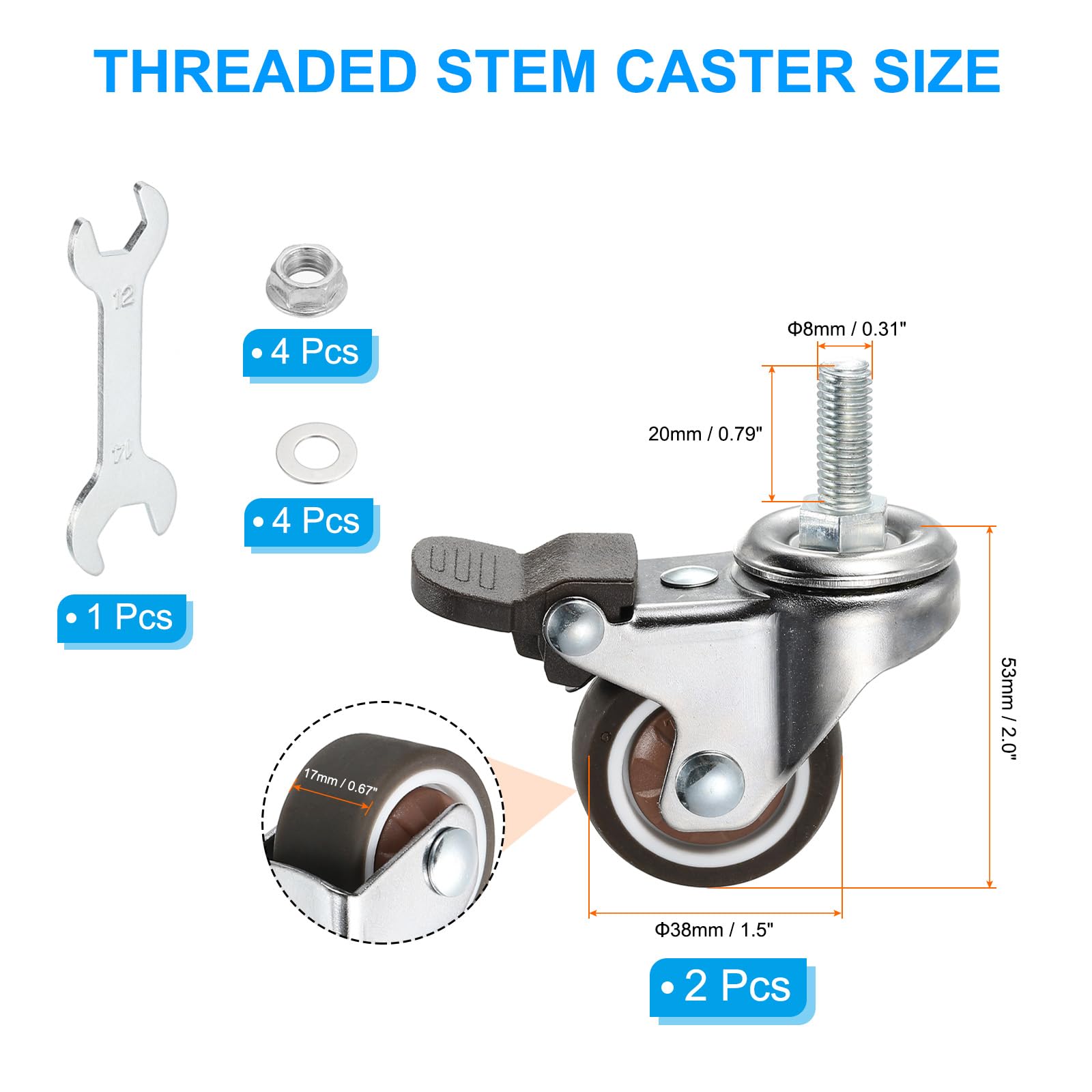 PATIKIL 1.5 Inch Threaded Stem Casters with Brake - Image 2