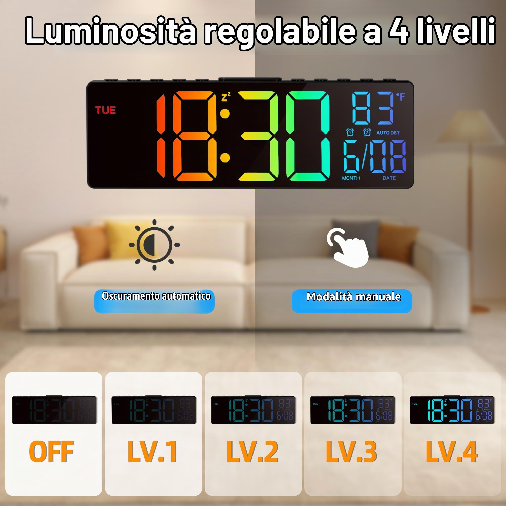 HAITANG Orologio da Parete Digitale - Orologio Digitale da Tavolo 10,5" con Indicazione della Temperatura, Data e Giorno, Dimmer Automatico della Luminosità RGB, Luci Notturne per Scrivania