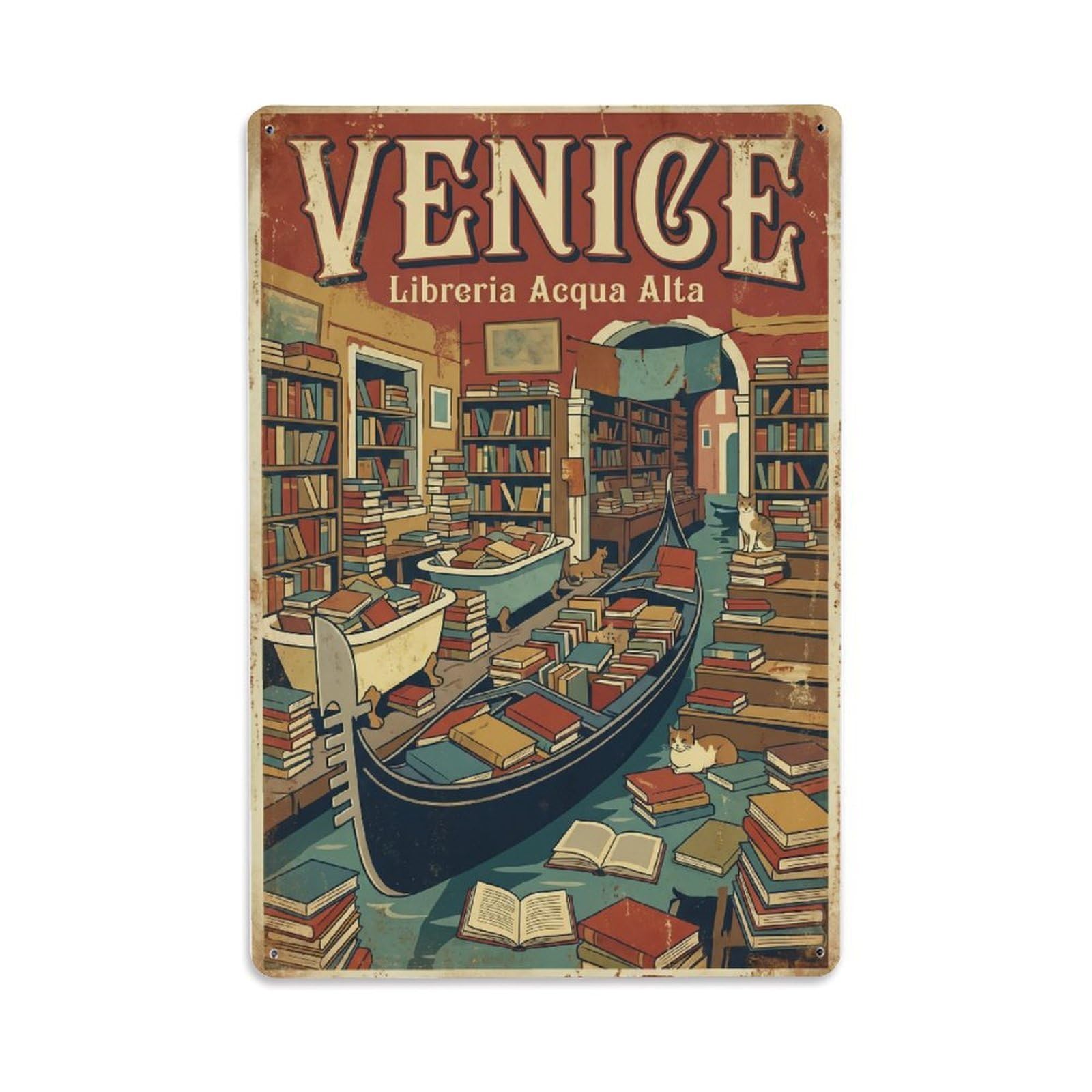 Vintage Travel Venice Libreria Acqua Alta Bookshop Gondola Rusted Italy Metal Tin Sign Plaque Wall Decor for Cafe, Club Bar, Office, Home Garden Metal Poster 8x12Inch