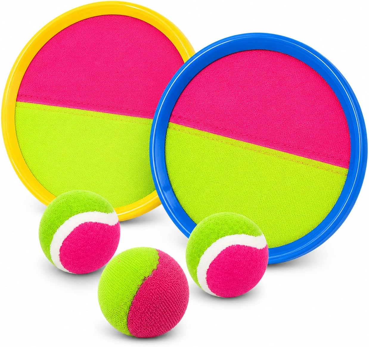 Toss and Catch Game Set for Kids, 2 Self Stick Paddles, 2 Catch Balls & Bonus Soft Bean Bag Ball, Outdoor Beach Toys, Backyard Games, Family Lawn Game for Boys and Girls