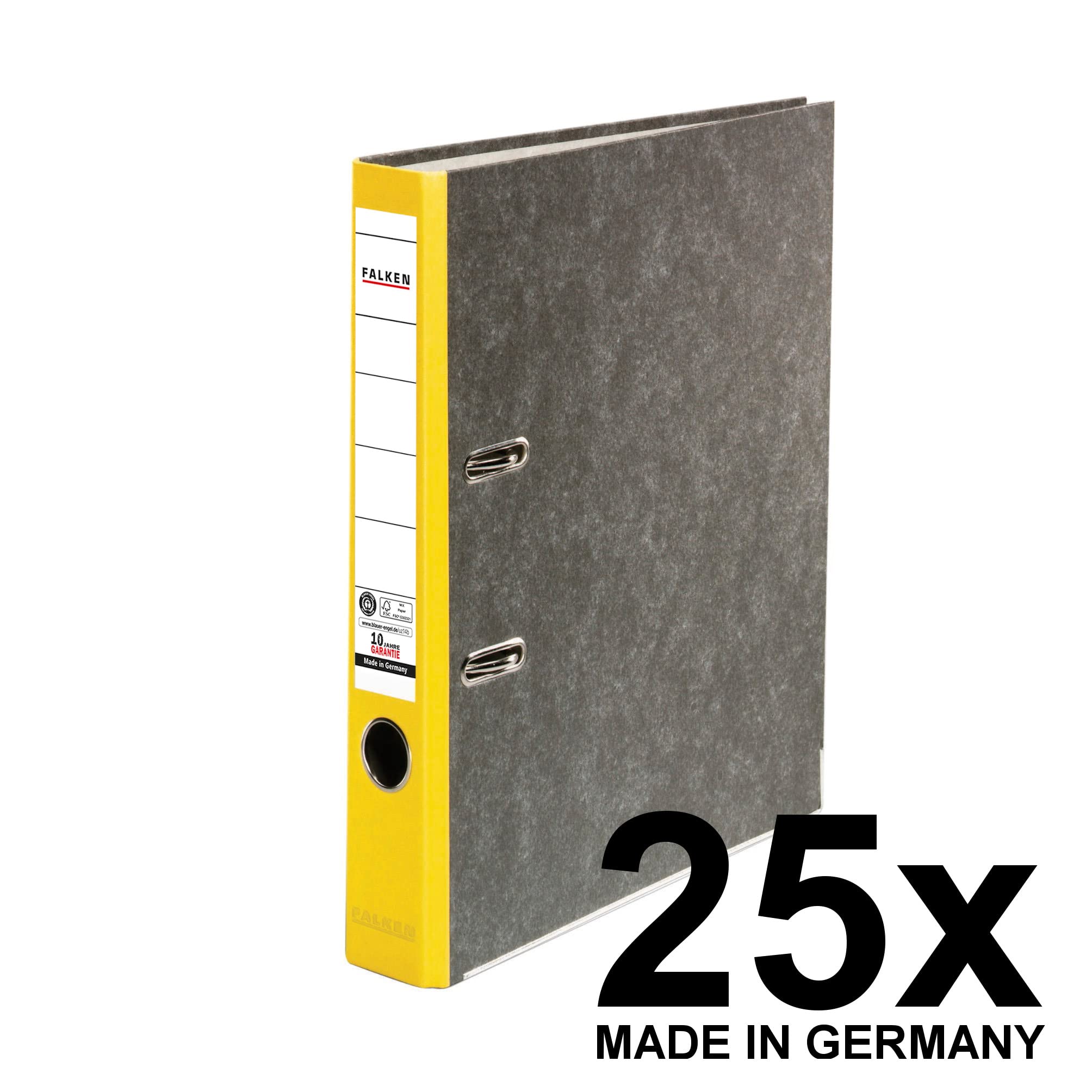 25x Falken Recycling segregator marmurkowy A4 wąski 8 cm żółty grzbiet. Wyprodukowano w Niemczech. Segregator biurowy Segregator dźwigniowy Segregator z mechanizmem Certyfikat Błękitny Anioł