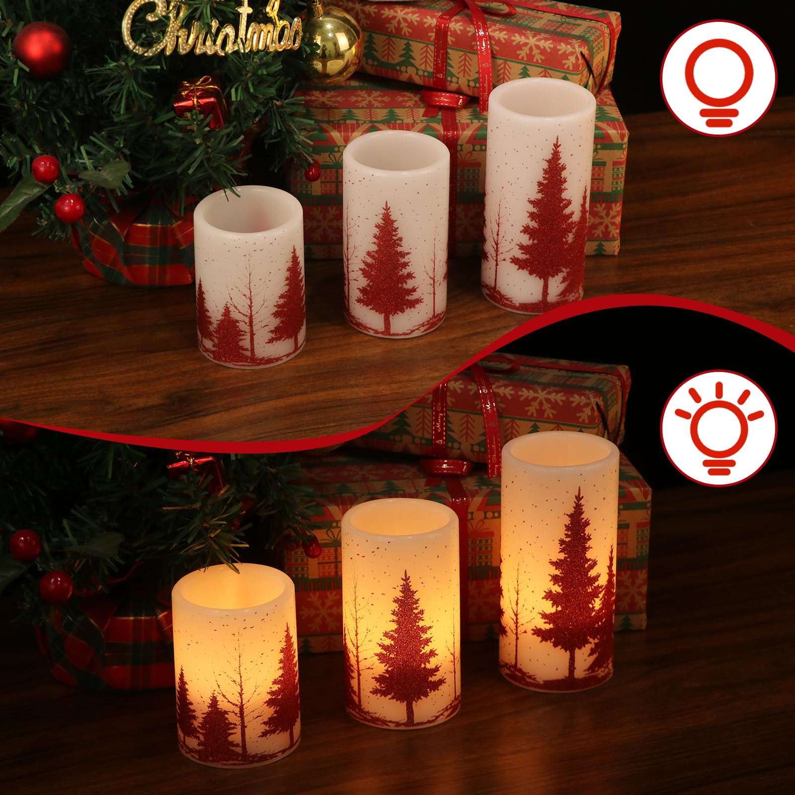 Candele tremolanti senza fiamma per albero di Natale, funzionamento a batteria, con timer 6H, confezione da 3 candele a colonna in vera cera con luce calda a LED, decorazione per cena,