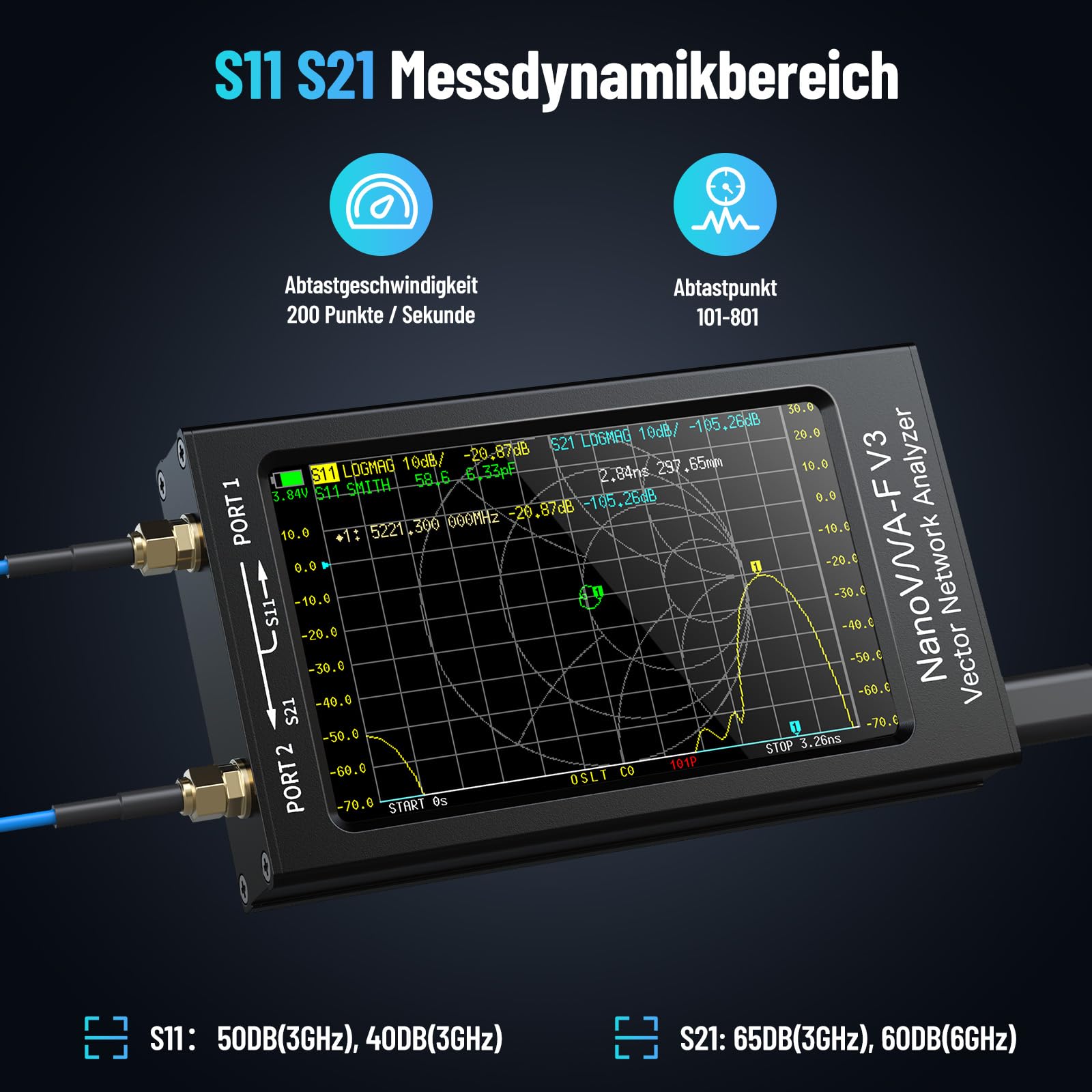 Seesii NanoVNA-F V3 Antennenanalysator, Aufgerüsteter Vektor-Netzwerk-Analysator 1MHz-6GHz 4,3 Zoll HF VHF UHF VNA Für S-Parameter Spannung SWR Phase Delay, Smith Chart