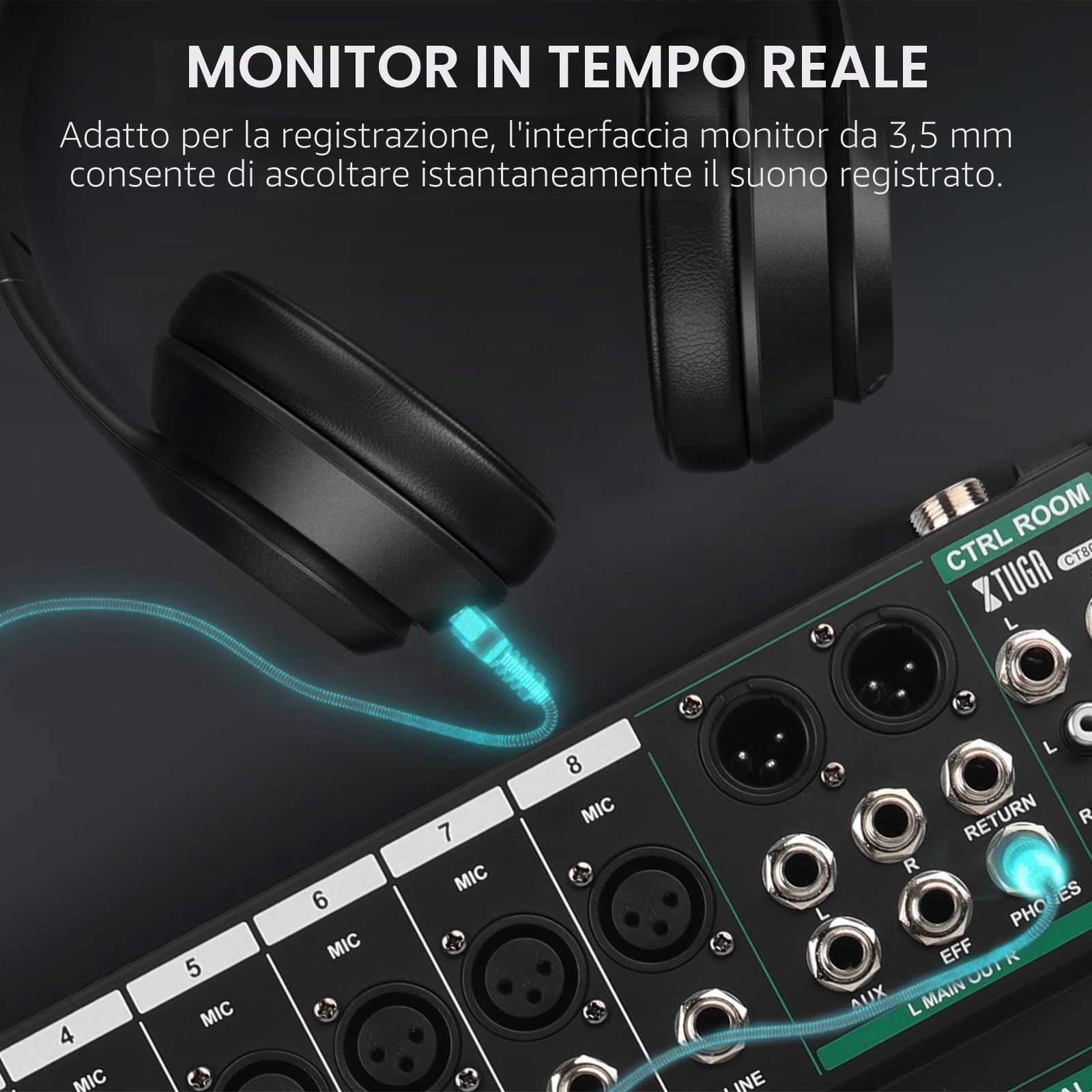 XTUGA CT80 - Console audio a 8 canali per registrazione su PC, scheda audio professionale integrata con effetti digitali da studio, alimentazione phantom da 48 V, ingresso/uscita RCA, MP3, Bluetooth