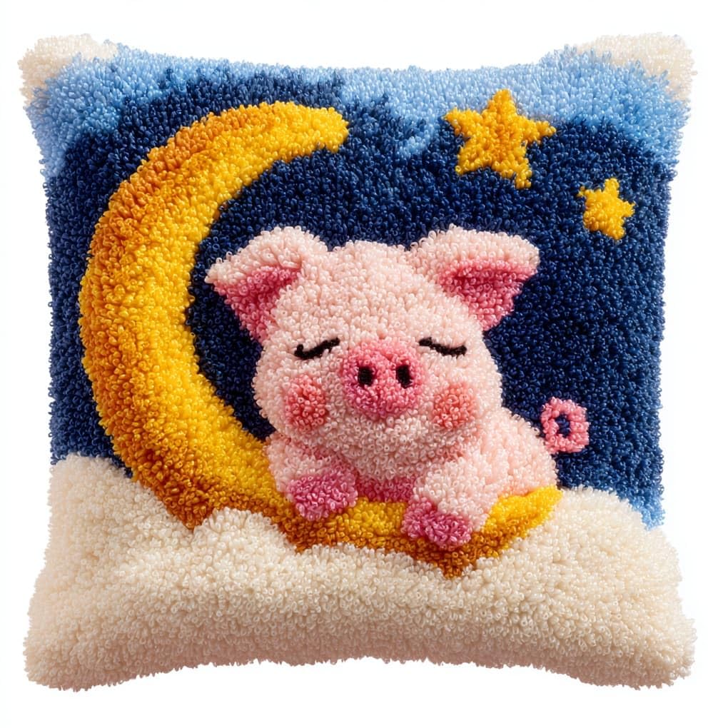 Henypt Latch Hook Pillow Kit for Beginners 43x43cm,Pigs on the Moon Complete DIY Craft Set,Decorative Cushion Cover for Living Room & Bedroom