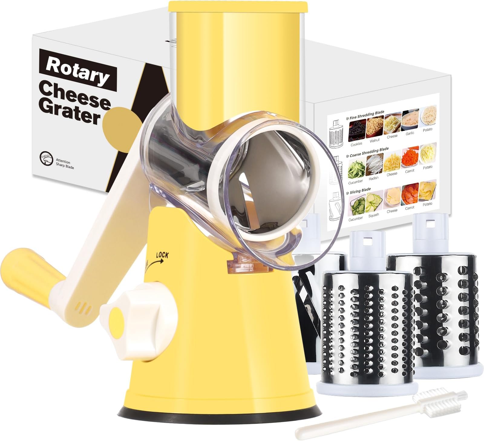 Cambom Rotary Cheese Grater Hand Crank Cheese Shredder for Fresh Cheese, Vegetable, Nuts,Non-slip Suction Base, Free Cleaning Brush Three Blades,Yellow