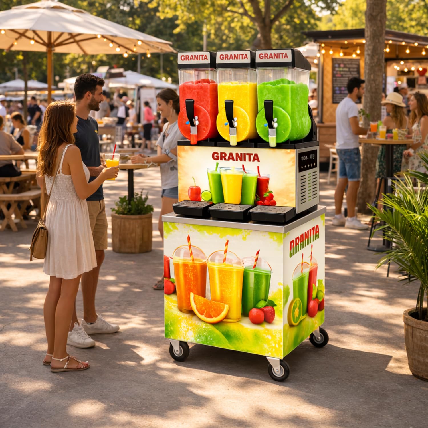 Machine à Granita Professionnelle 3 × 15 L avec Chariot - Granité/Slush - Éclairage LED - Gaz R290-1200 W