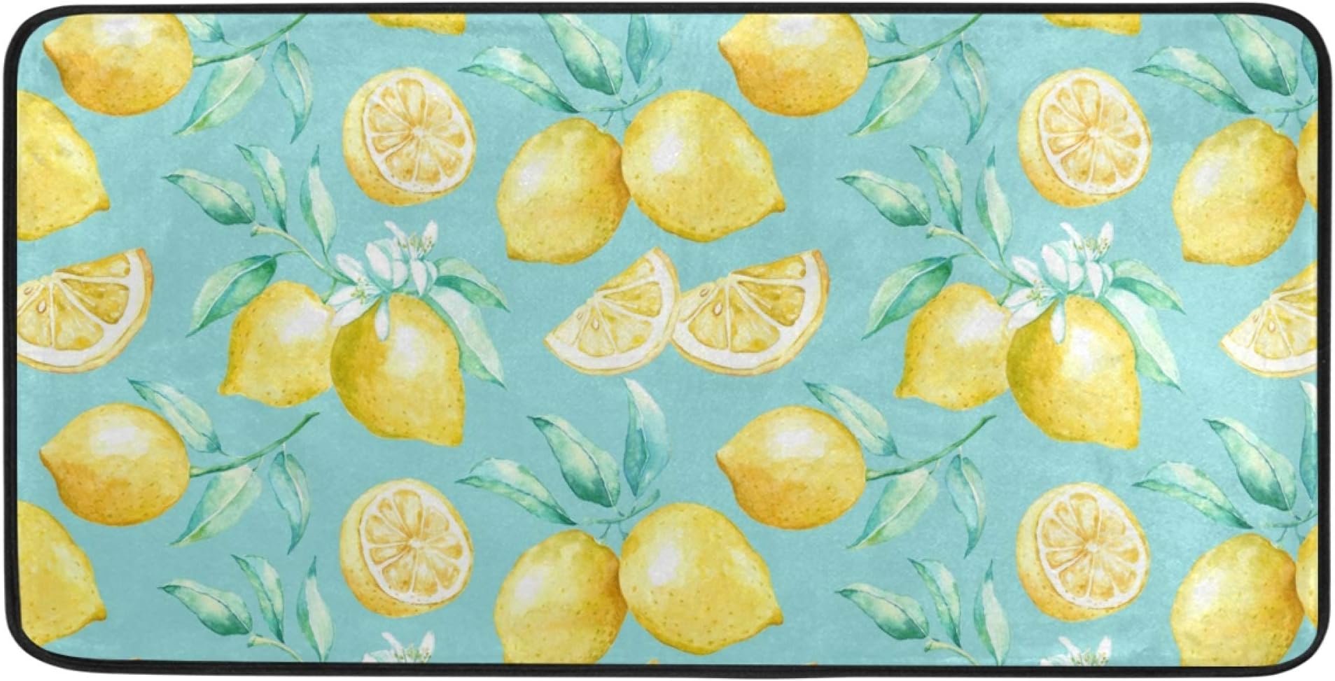 Watercolor Lemons Pattern Kitchen Rugs Turquoise Leaves Bath Rug Runner Comfort Mat Non-Slip Doormats Carpet for Bathroom Indoor 39" X 20"