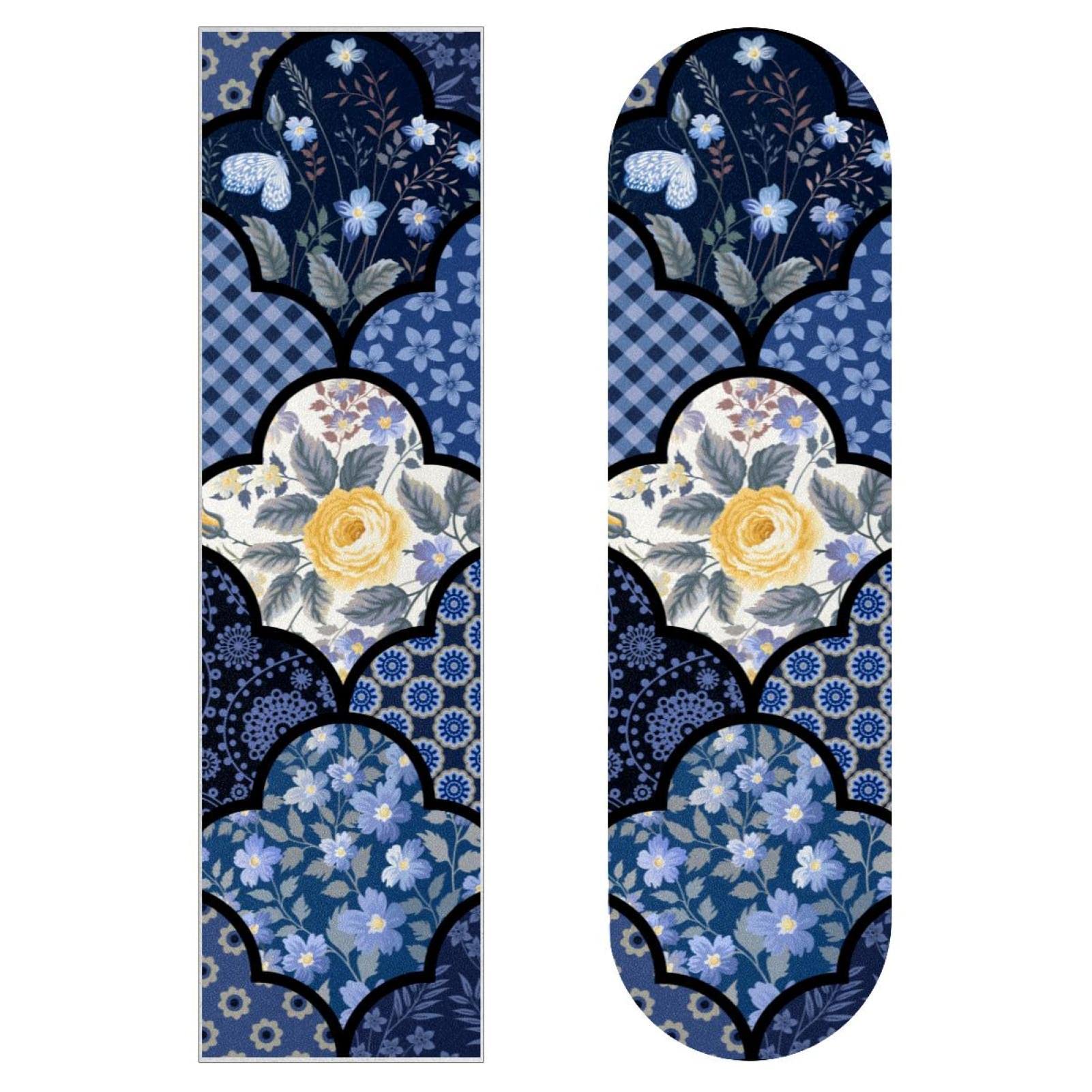 Lot de 2 feuilles de papier abrasif pour skateboard Motif floral Bleu