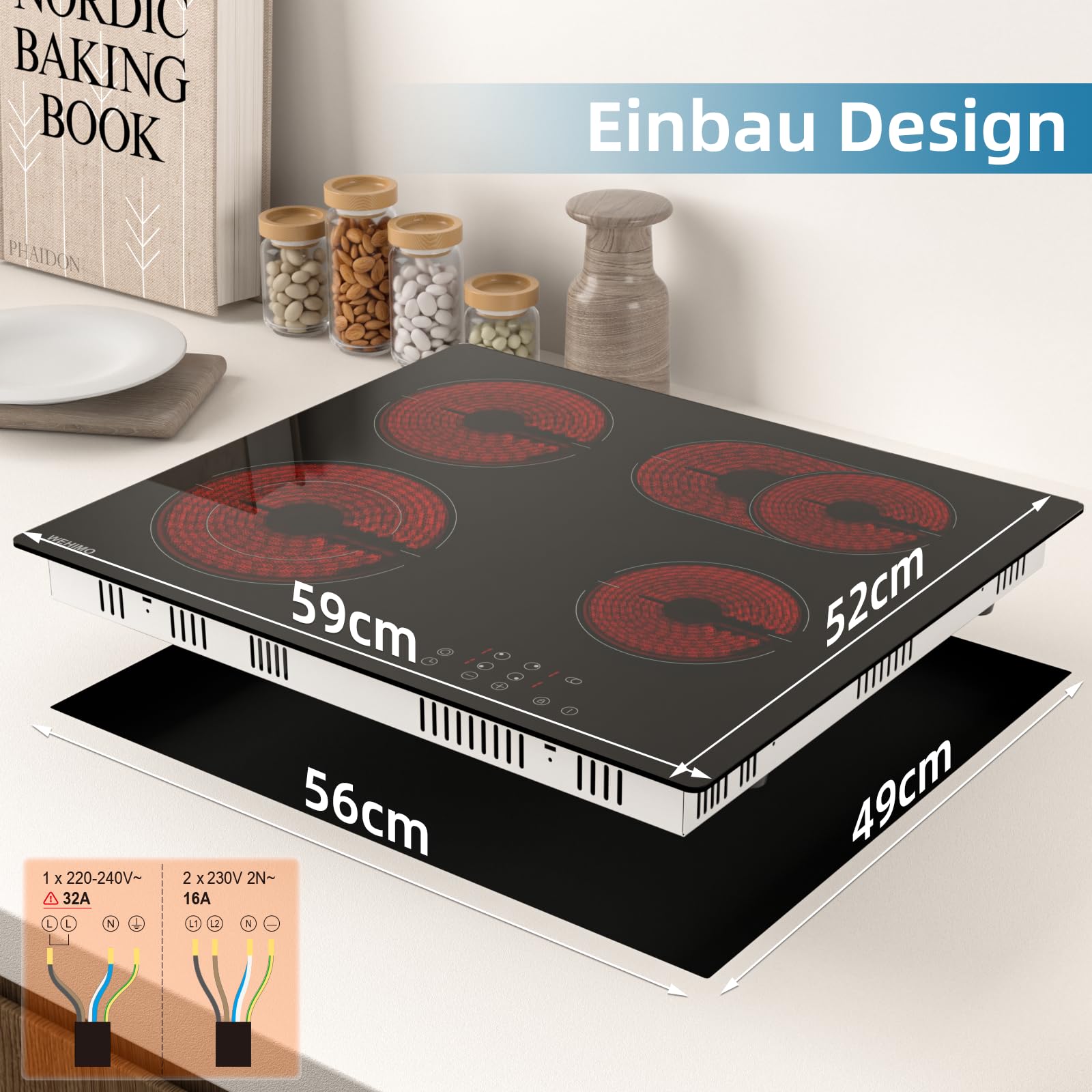 Glaskeramikkochfeld 4 platten, WEHIMO Glaskeramikkochfeld 60cm, 7200W, 4 Kochzonen mit dualkochzone, 9 Stufen, Kindersicherung, Timer, Einbau Rahmenlos Keramikkochfeld, Geeignet für Alle Töpfe